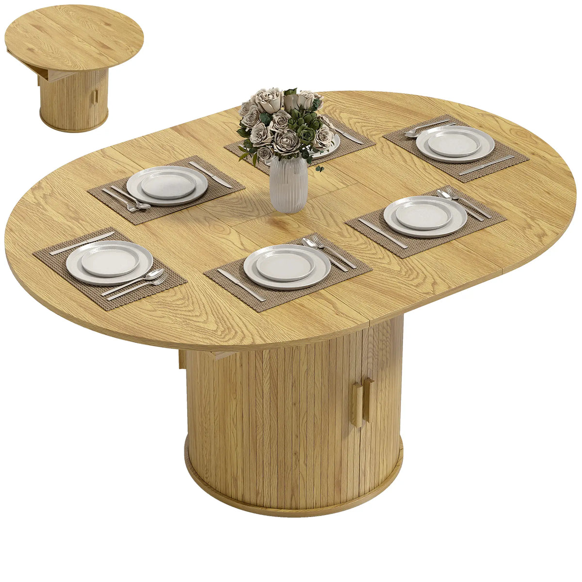 Extendable Dining Table For 6, 60", Natural, Farmhouse Kitchen Table With Storage, Natural Dining Tables at Gallery Canada