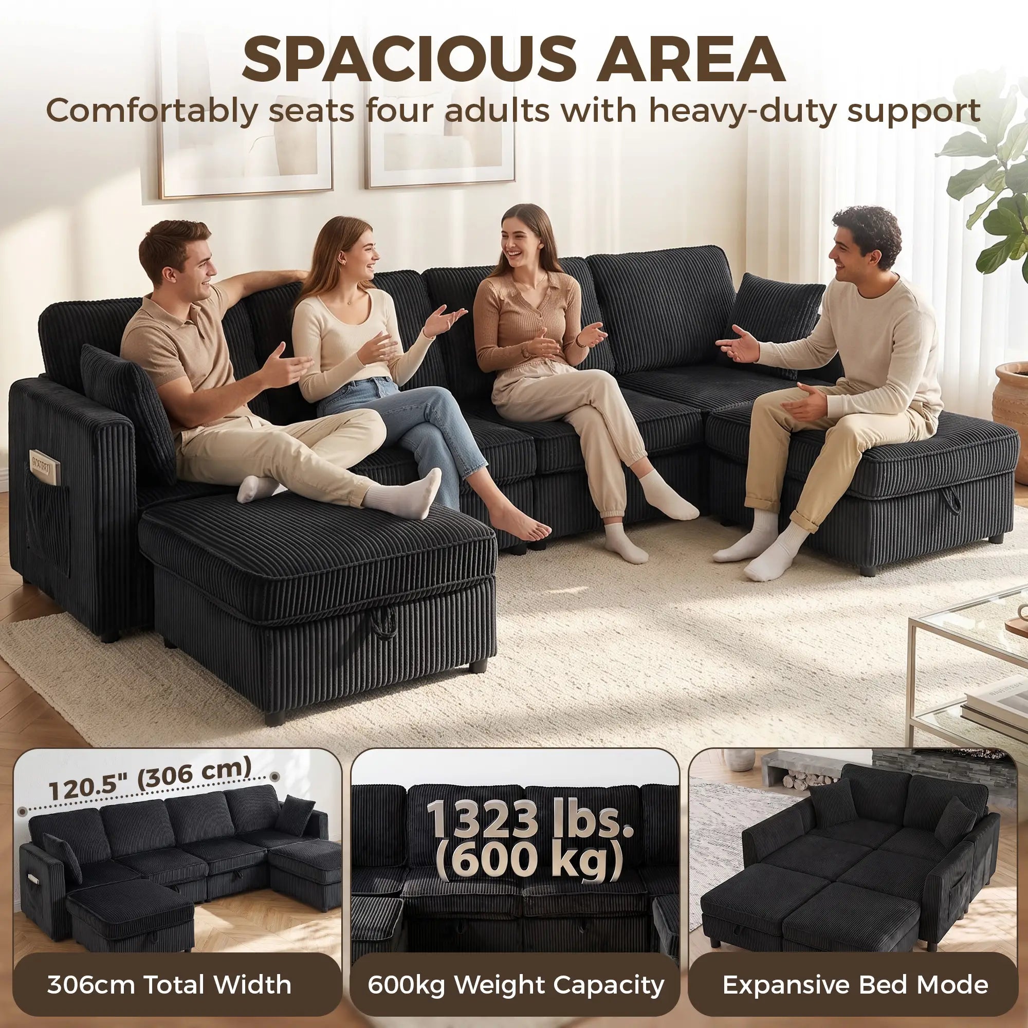 Modular U-Shaped Corduroy Sofa, Dual Storage Ottoman, 4 Pillows, Dark Grey L Shaped Couchs at Gallery Canada