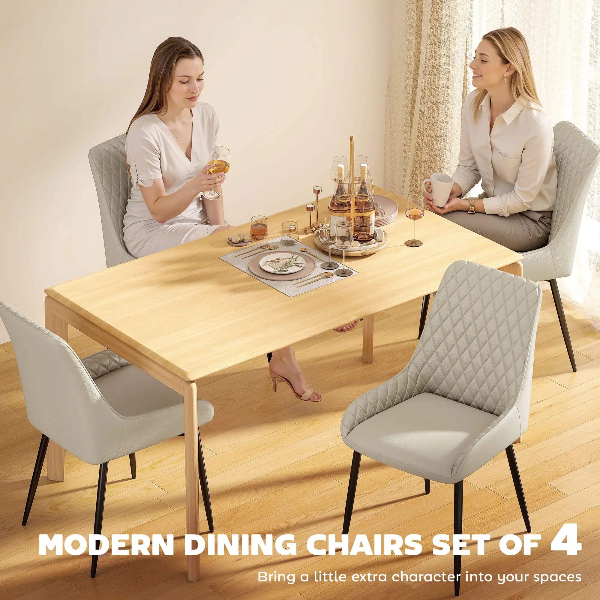 Upholstered Kitchen Chairs Set of 4, Diamond Tufting, Steel Legs, Khaki Dining Chairs at Gallery Canada