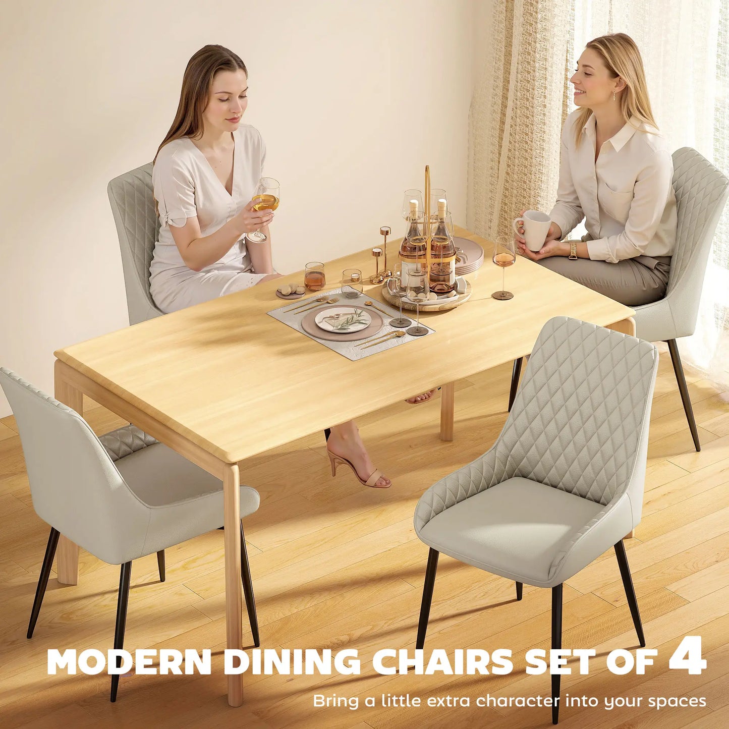 Upholstered Kitchen Chairs Set of 4, Diamond Tufting, Steel Legs, Khaki Dining Chairs at Gallery Canada