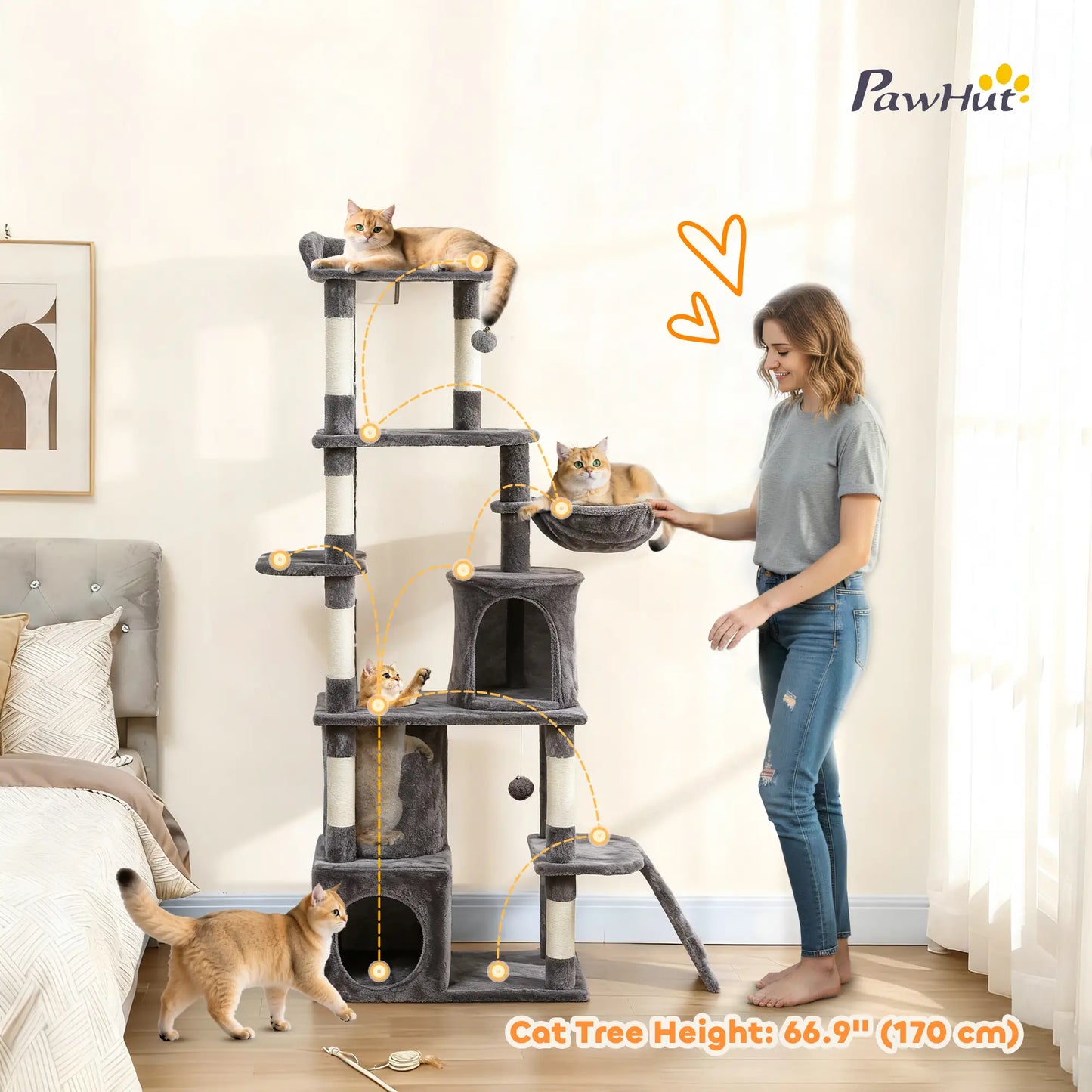 67 Inch Large Cat Tree, 7 Scratching Posts, Tunnel, 2 Condos, Hammock, Dark Grey Cat Towers at Gallery Canada