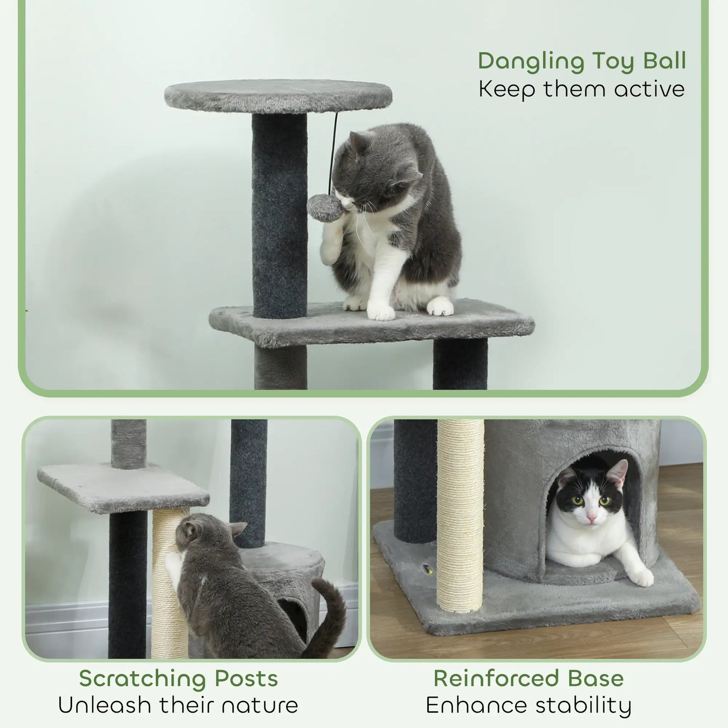 Cat Tree Tower, Multi-Level, Sisal Scratching Post, Large 41"H, Grey Compact Towers at Gallery Canada