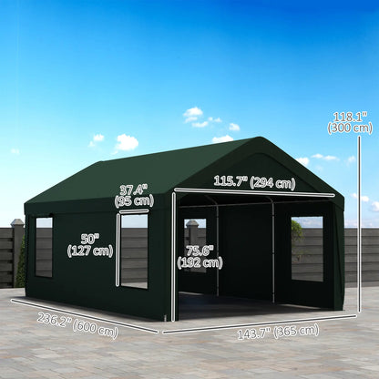 12 x 20ft Abri d'auto, 2 Portes enroulables, 4 Fenêtres, Vert foncé