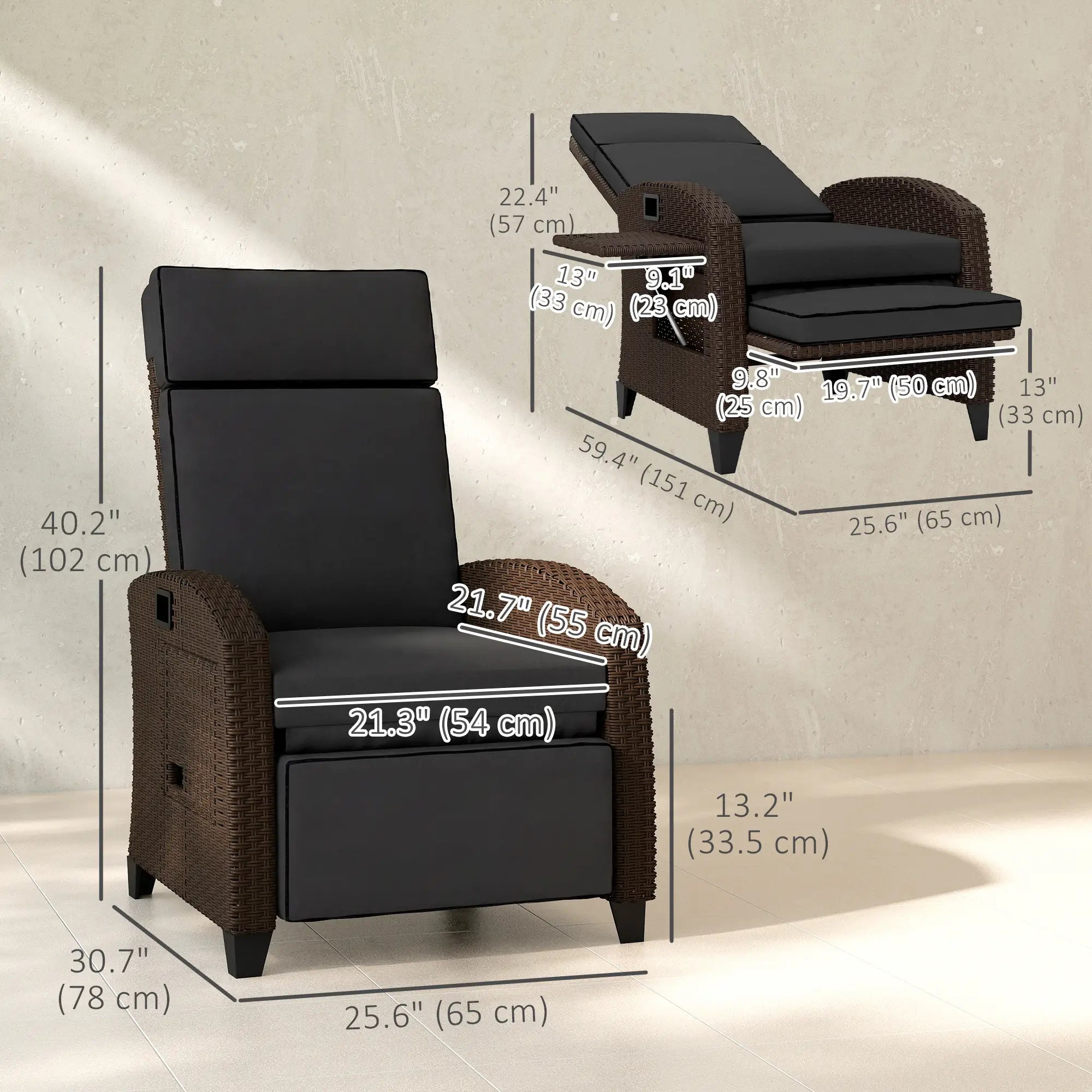 Outdoor Recliner Chair, Adjustable Backrest, Cushion, Side Tray, Black Wicker Chaise Loungers at Gallery Canada