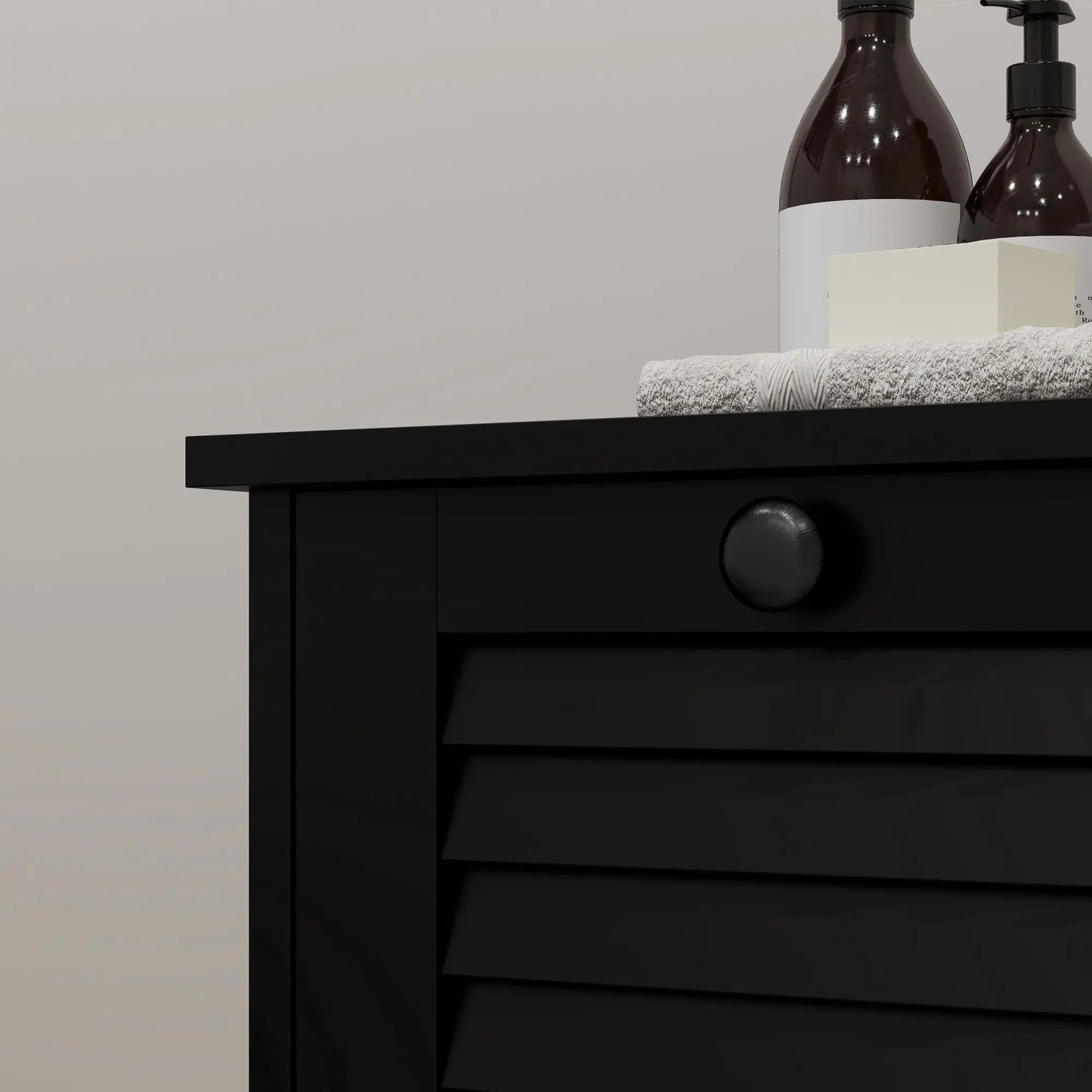 Tilt Out Laundry Cabinet, 2 Baskets, 2 Louvered Doors, Black Bathroom Cabinets at Gallery Canada