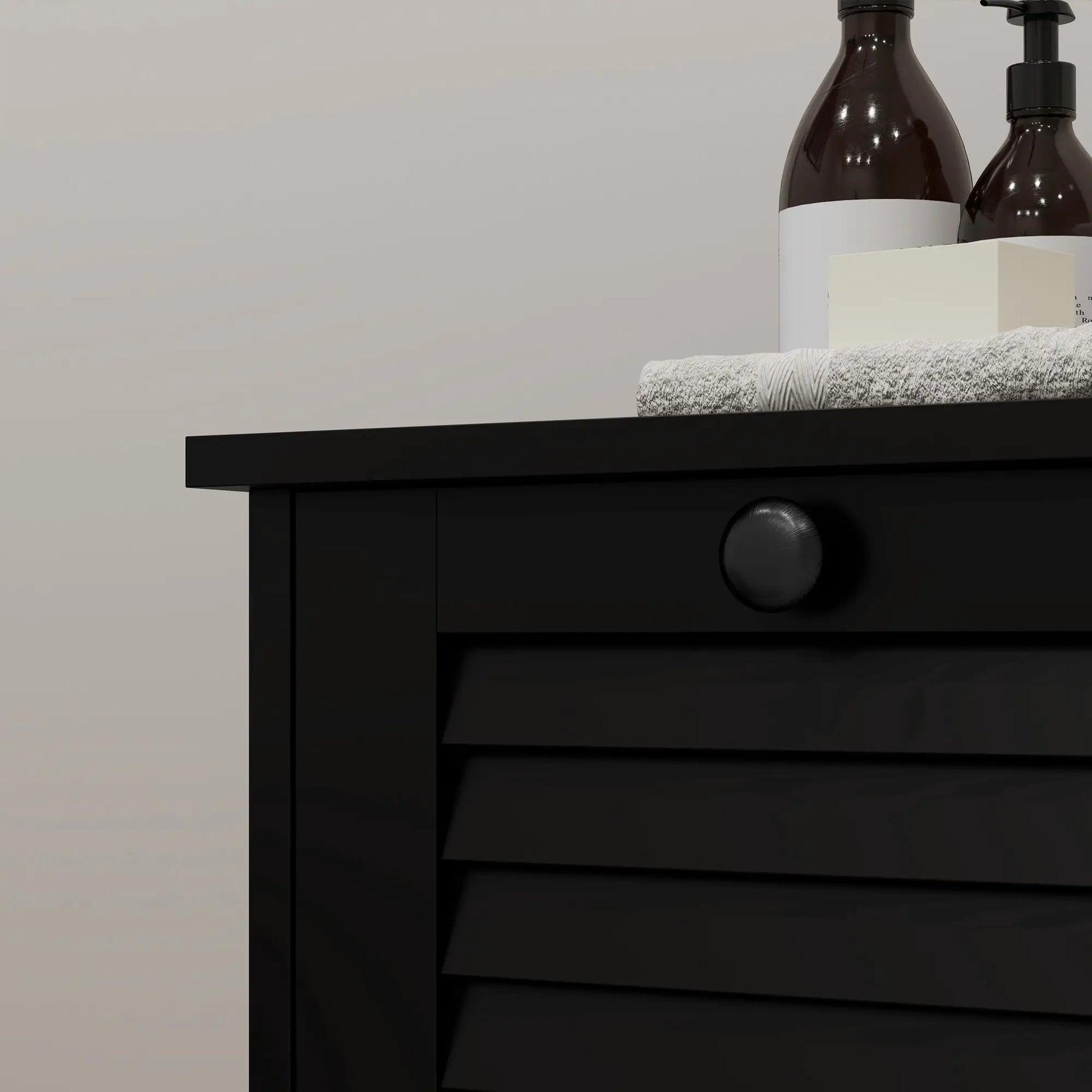 Tilt Out Laundry Cabinet, 2 Baskets, 2 Louvered Doors, Black Bathroom Cabinets at Gallery Canada