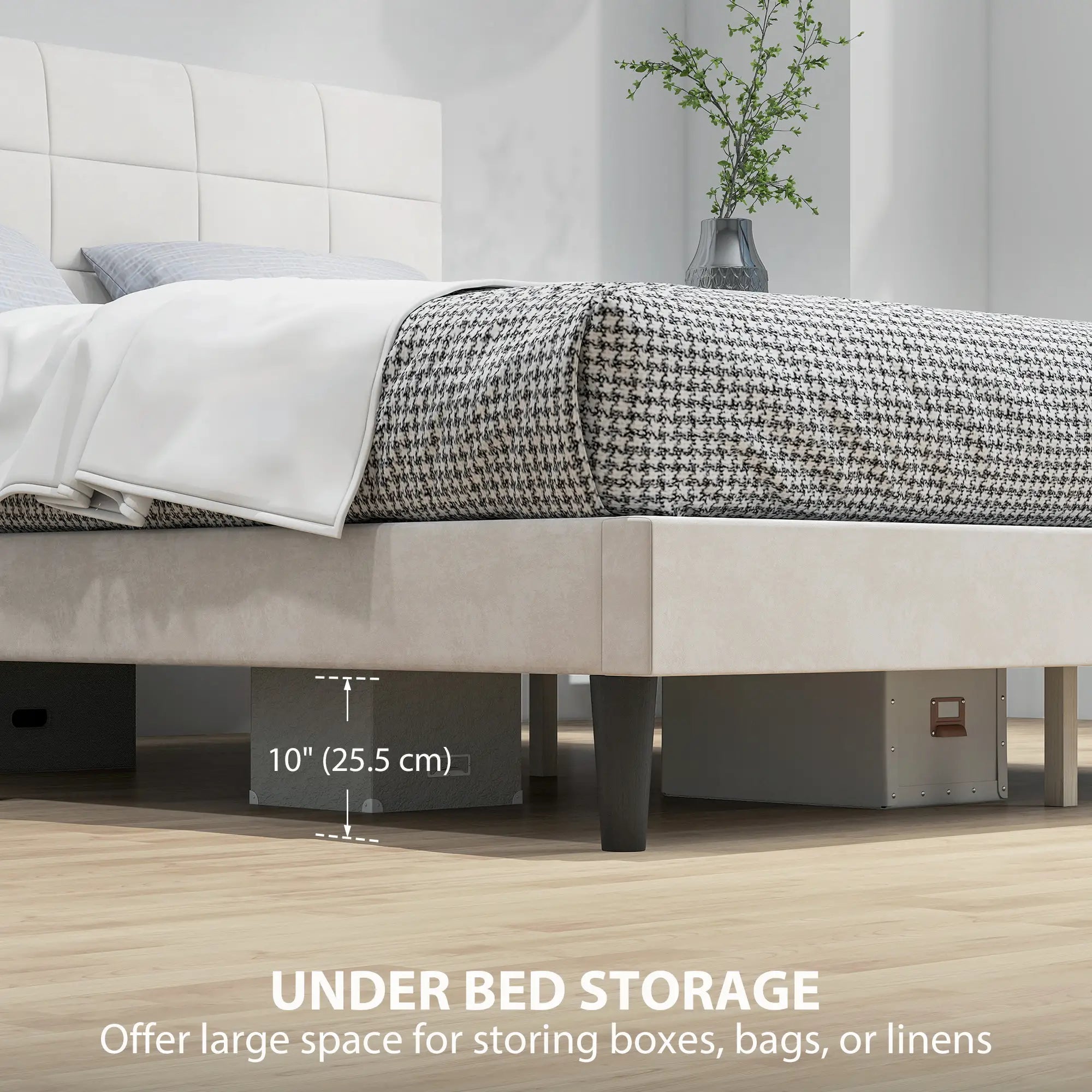 Queen Size Bed Frame, Upholstered Headboard, Wood Slats, 1100 lbs, Cream Bed Frames at Gallery Canada