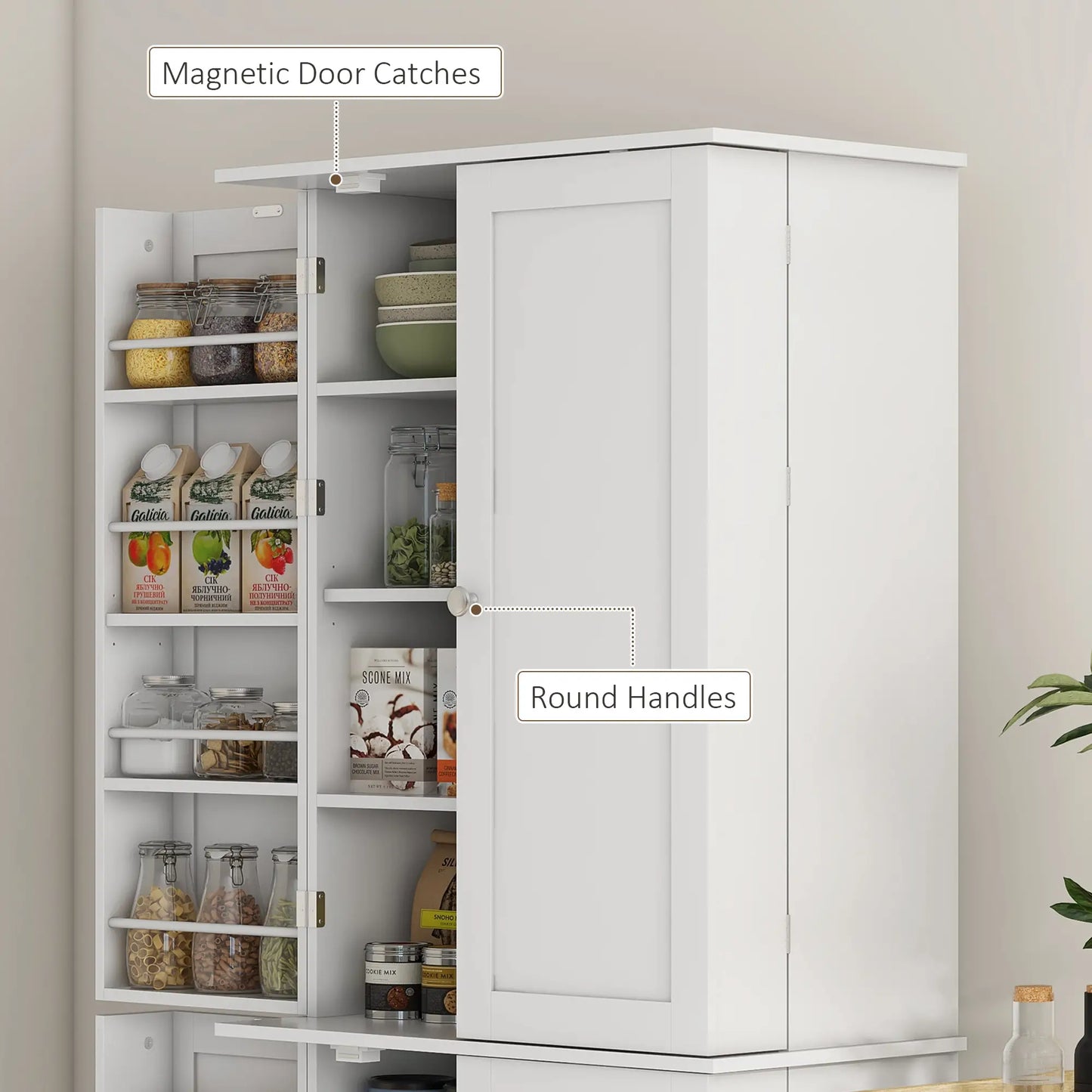 65" Kitchen Pantry Cabinet, 4 Doors, 16 Shelves, White Kitchen Pantry Cabinets at Gallery Canada