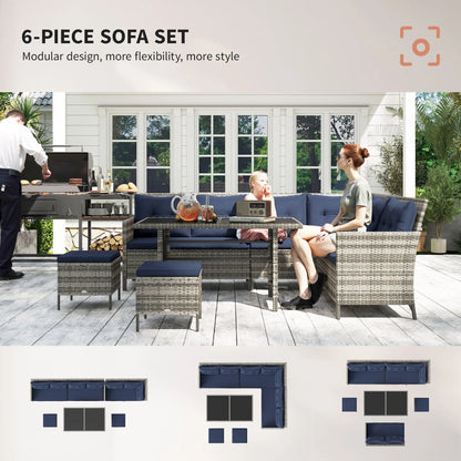 6pcs Outdoor Rattan Sofa Set, Wicker Sectional Couch, Dining Table, Sky Blue Patio Furniture Sets at Gallery Canada