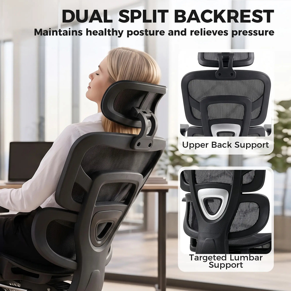 Ergonomic Office Chair, Lumbar Support, 2D Headrest, Mesh Reclining, Black