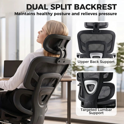 Ergonomic Office Chair, Lumbar Support, 2D Headrest, Mesh Reclining, Black