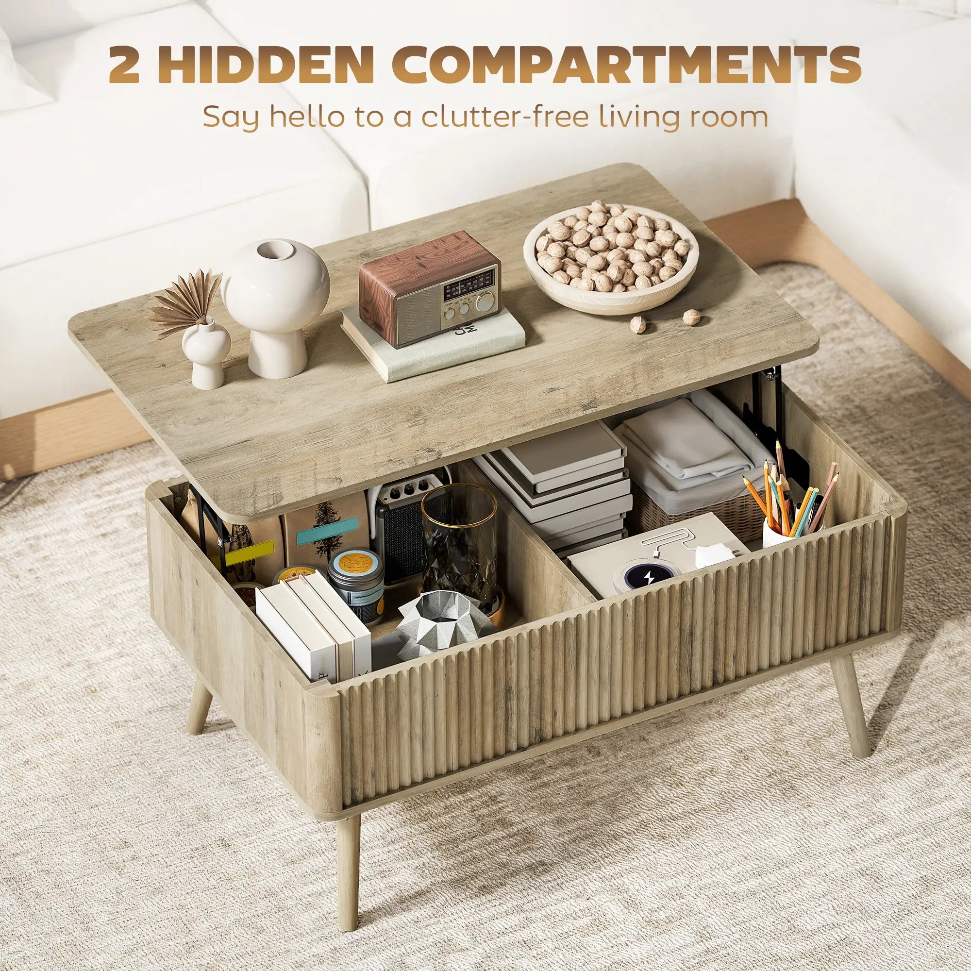 Lift Top Coffee Table with Storage, Hidden Compartments, Pine Wood Legs, Oak Coffee Tables at Gallery Canada
