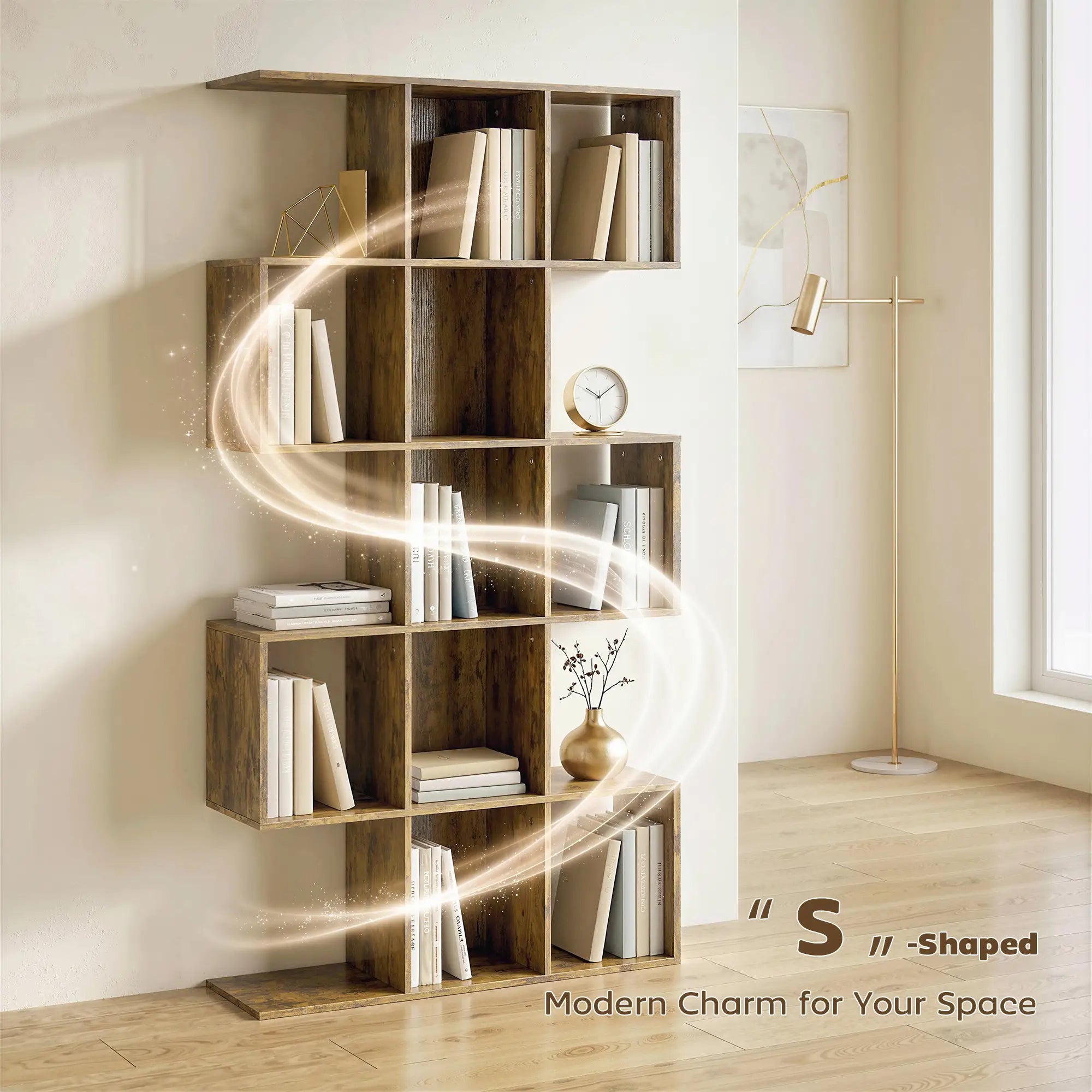 5-Tier S-Shaped Bookshelf, 15 Compartments, Rustic Brown, Rustic Brown Display Bookshelves at Gallery Canada