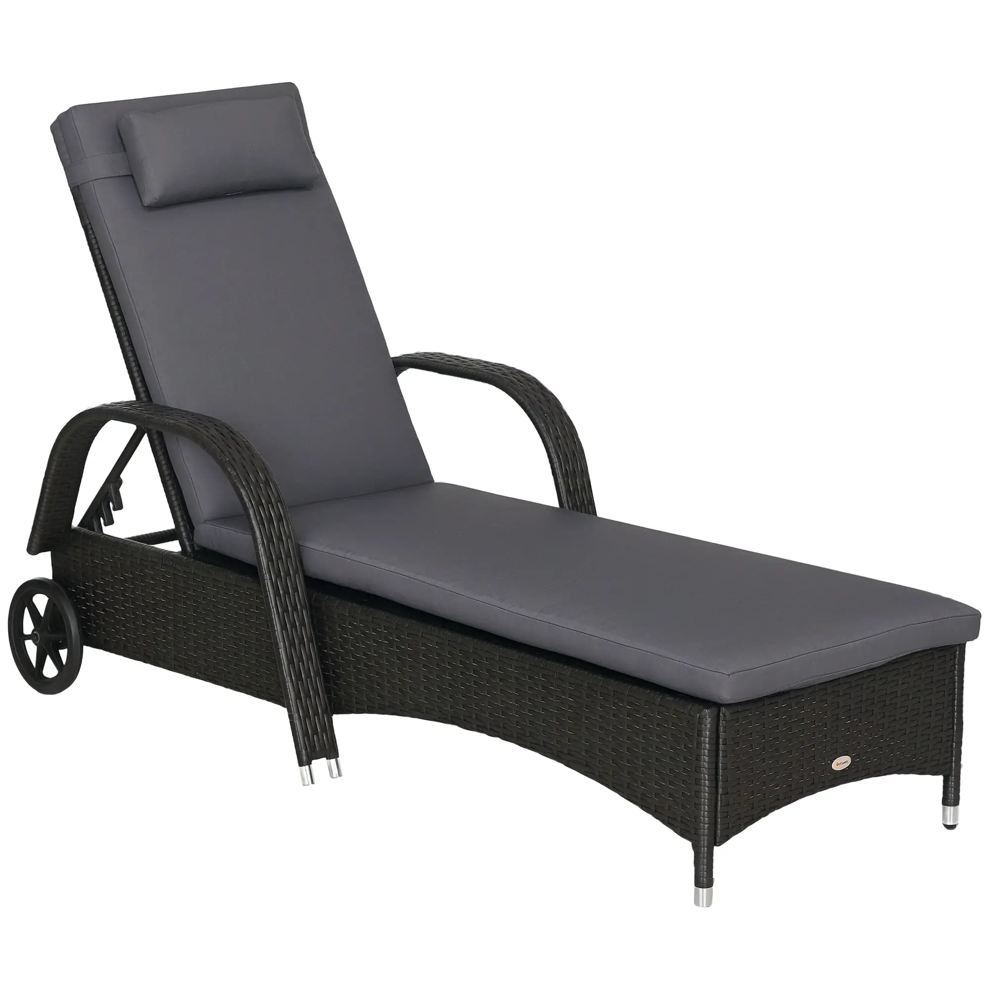 Outdoor Lounger, Adjustable Deck Chair, Headrest, Wheels, Deep Coffee, Med Grey, Coffee, Grey Chaise Loungers at Gallery Canada