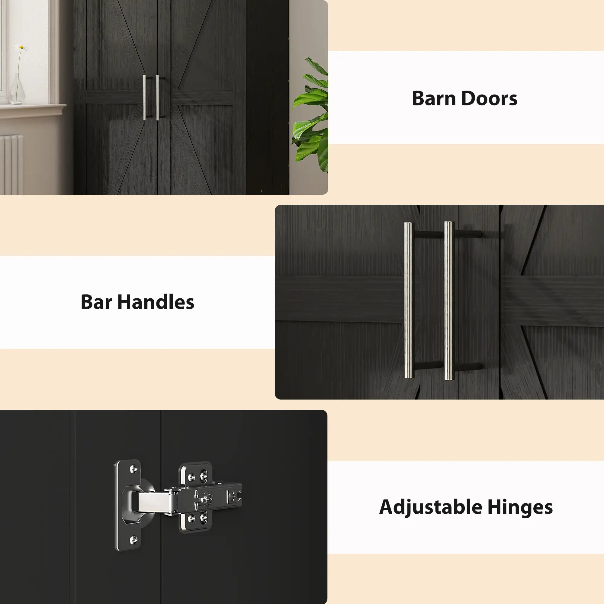Barn Door Wardrobe Cabinet, 2 Doors With Hanging Rod, Wood Effect, Black Clothing Storage at Gallery Canada