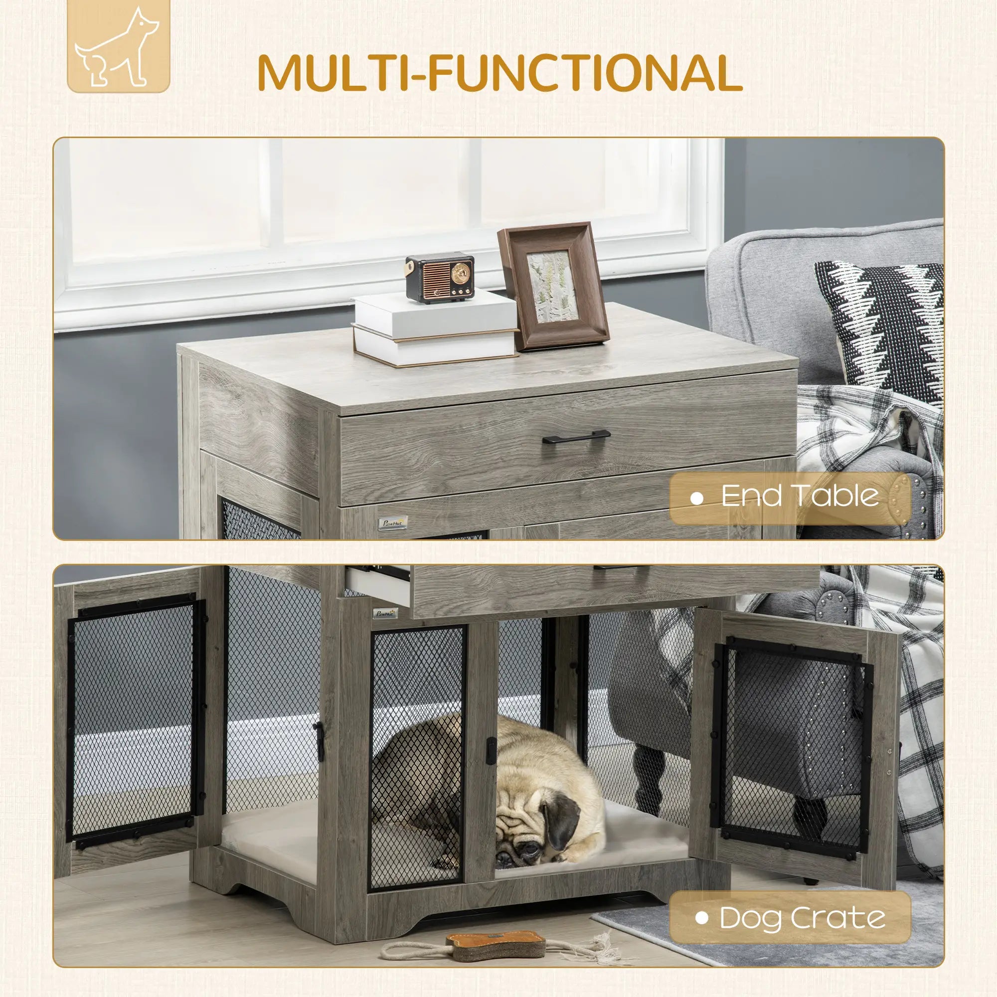 Dog Crate Furniture with Cushion, 2 Doors, Storage, Grey Houses, Kennels & Pens at Gallery Canada