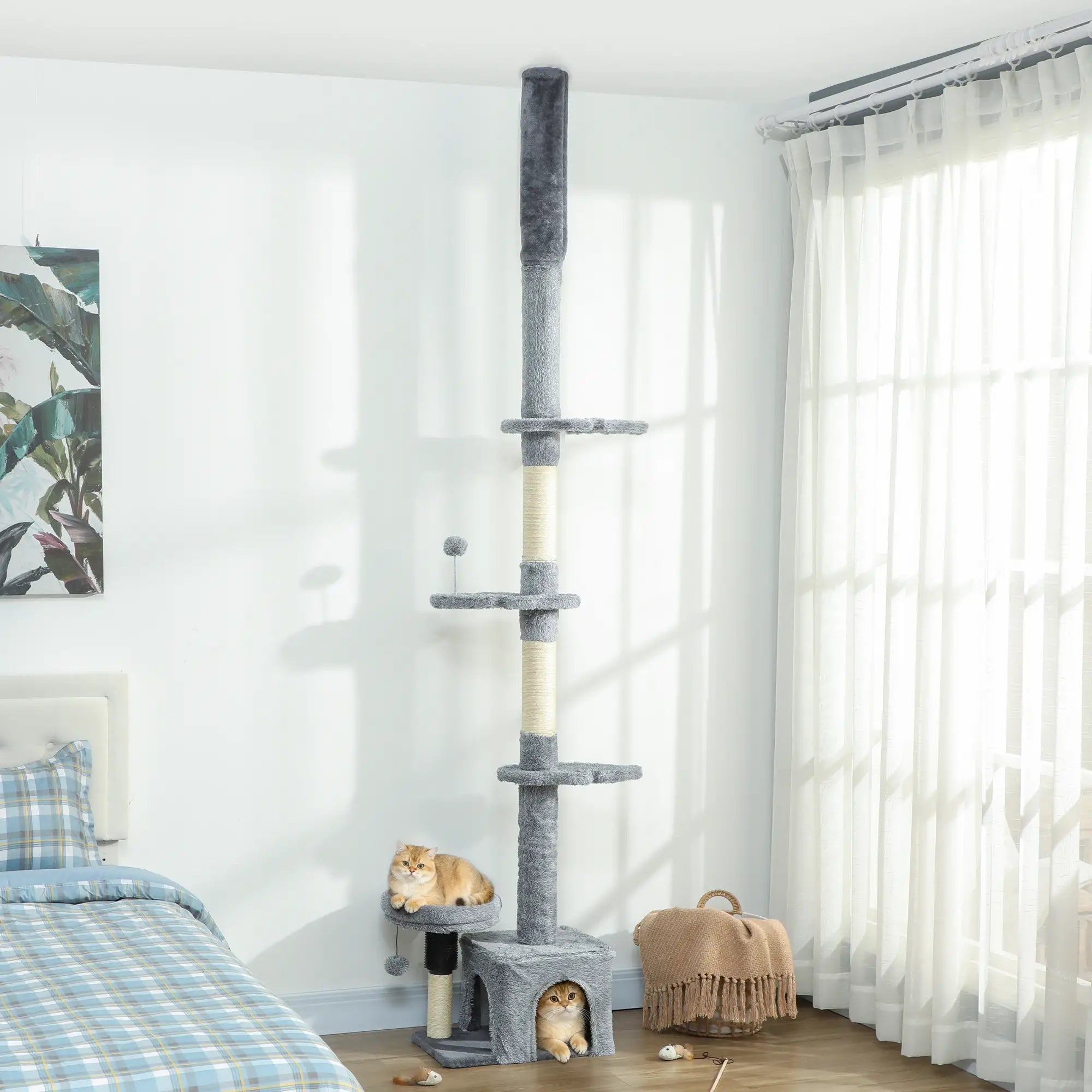 Floor to Ceiling Cat Tree, 4 Tiers, Adjustable Height 87-100