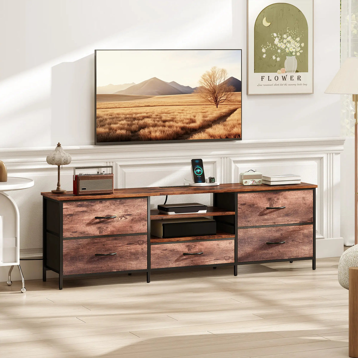 TV Stand For 70 Inch TVs, Industrial Console With Charging Station, 5 Drawers, Rustic Brown TV Stands at Gallery Canada