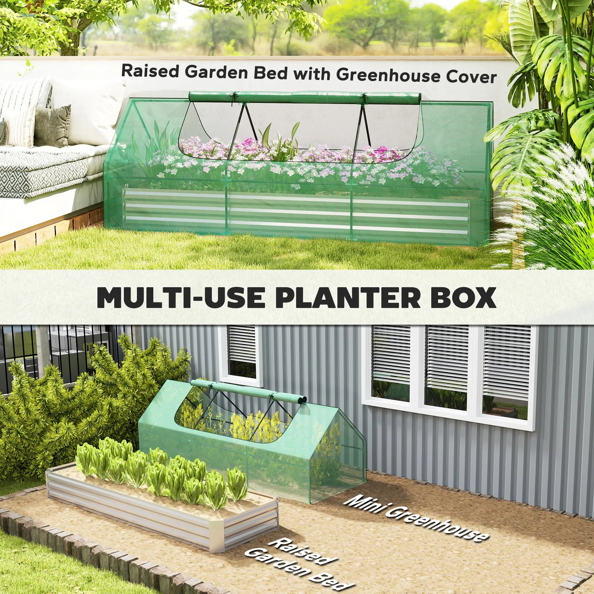 8.6 x 3 x 1ft Raised Garden Bed, Mini Greenhouse, Galvanized Cover, Green Galvanized Planter Boxes at Gallery Canada
