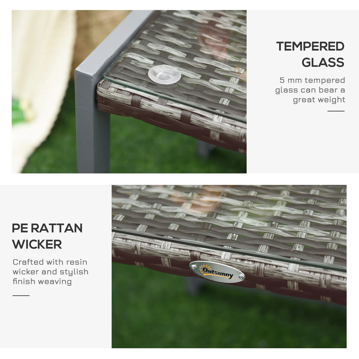 Table basse en rotin, Table d'appoint pour patio en osier, Plateau en verre trempé, Cadre en aluminium, Gris