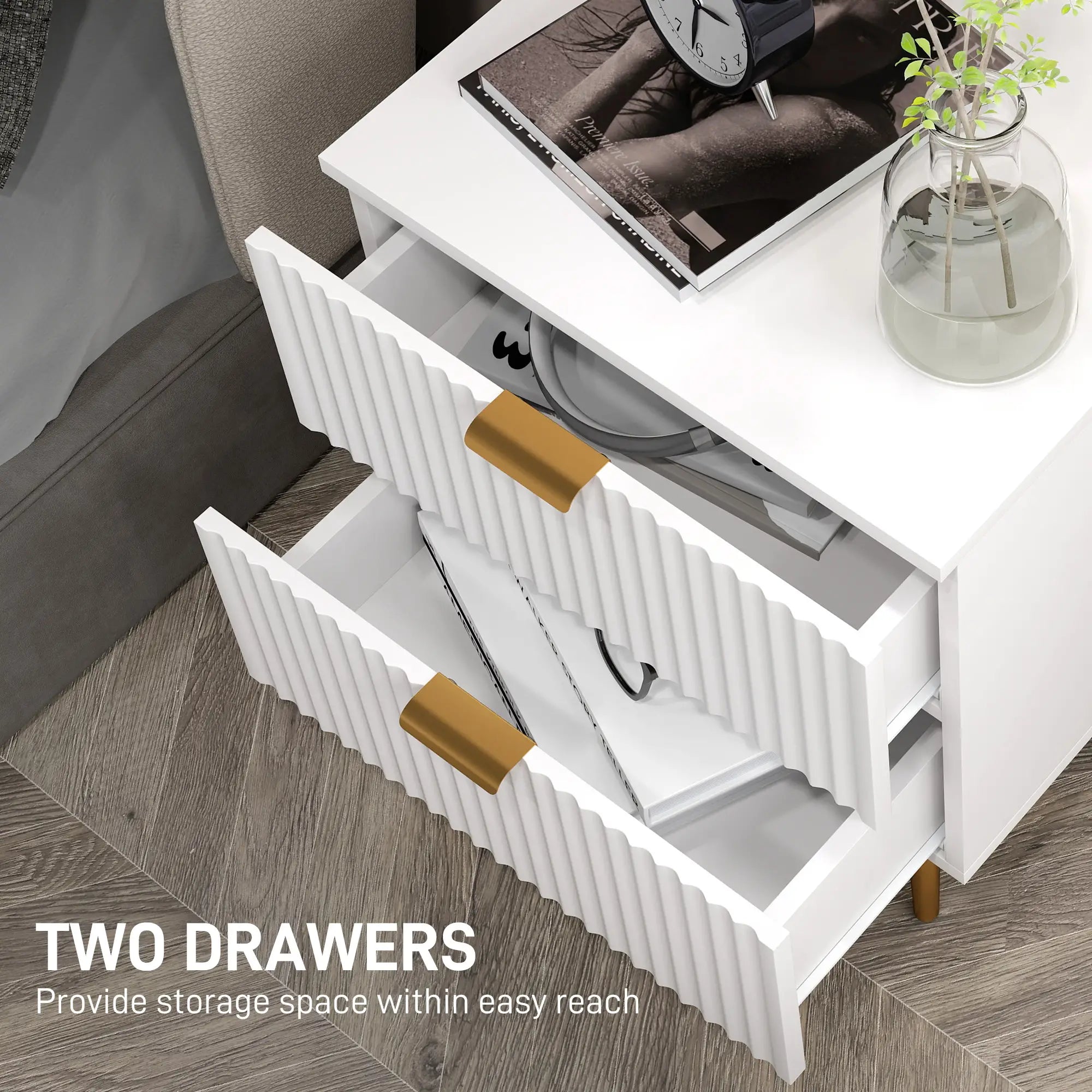 Bedside Table, Modern Nightstand with 2 Drawers, Side End Table with Metal Legs for Living Room, Bedroom, White Bedside Tables at Gallery Canada