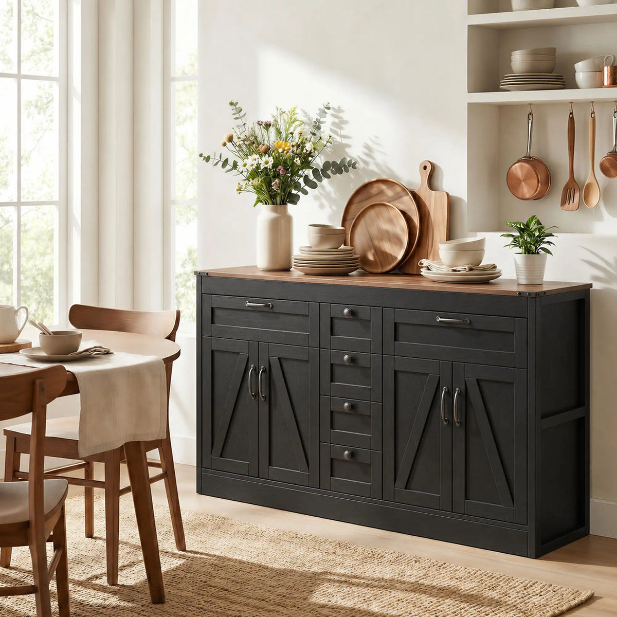 55" Sideboard Buffet Cabinet, Farmhouse Kitchen With Barn Doors, Black Bar Cabinets at Gallery Canada