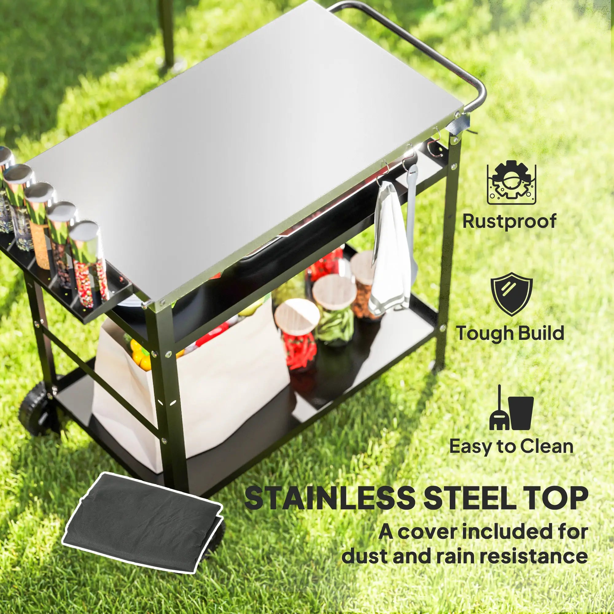 BBQ Stand With Stainless Steel Top, Adjustable Shelf, Hooks, Seasoning Tray Outdoor Grill Carts at Gallery Canada