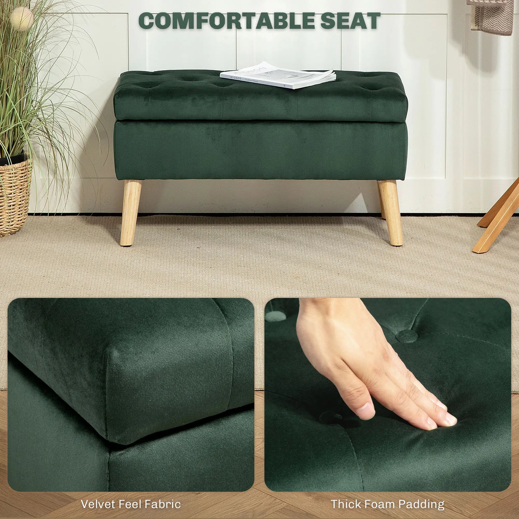 Velvet Storage Ottoman with Lid, Wood Legs, Dark Green Storage Ottomans & Benches at Gallery Canada