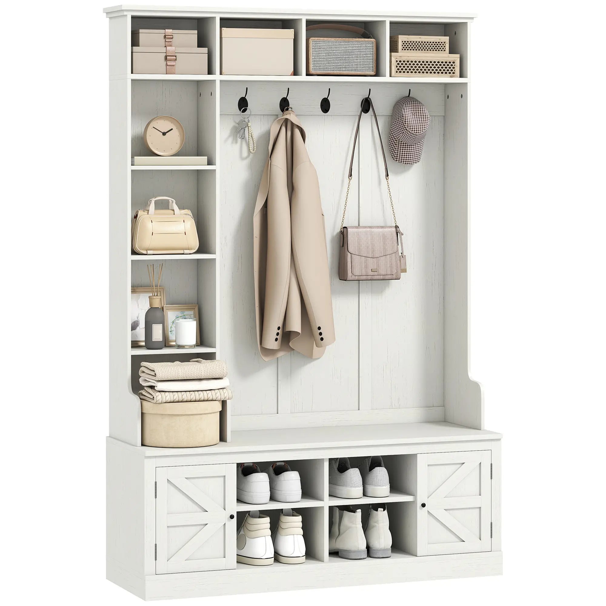 Hall Tree Bench With Shoe Storage, 12 Shelves, 2 Cabinets, 5 Hooks, White Clothing Storage at Gallery Canada