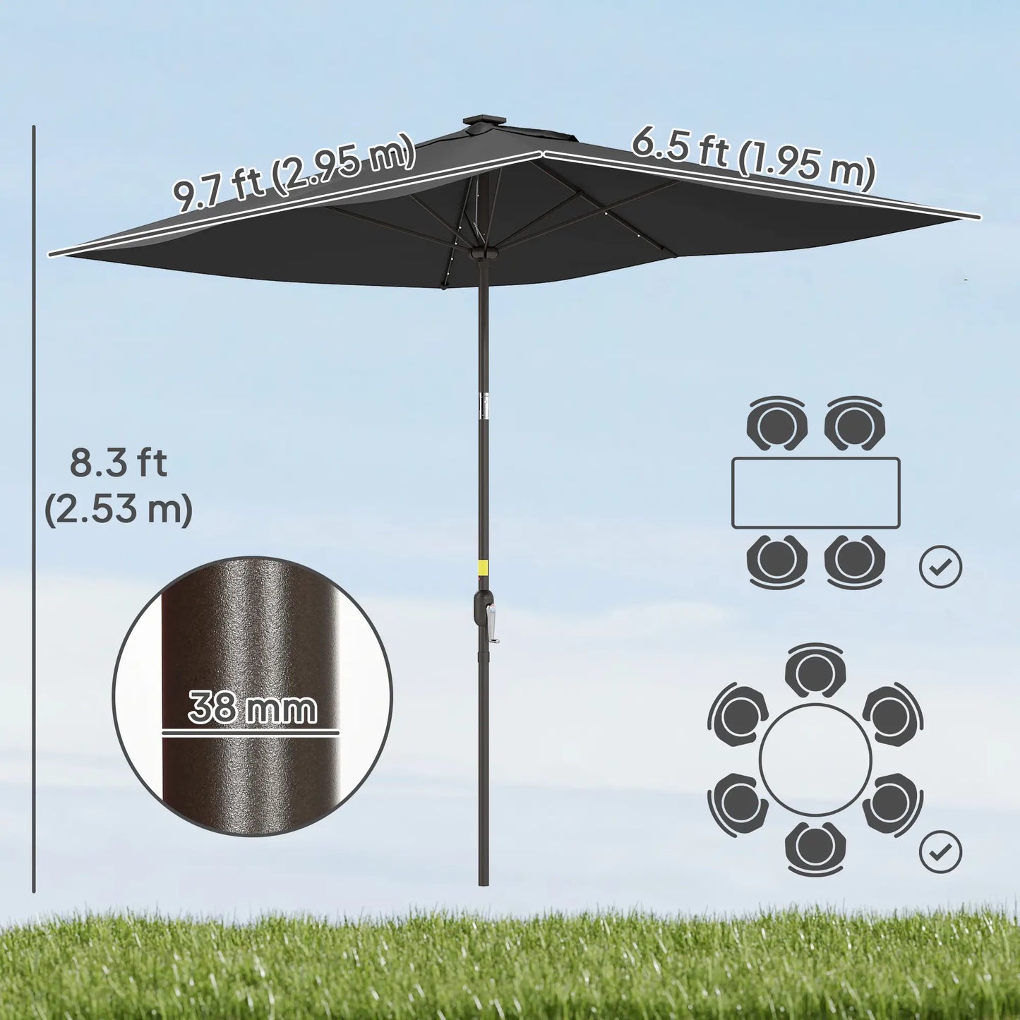 6.5x10ft Rectangle Tilt Patio Umbrella With LEDs, Black Sun Umbrellas at Gallery Canada