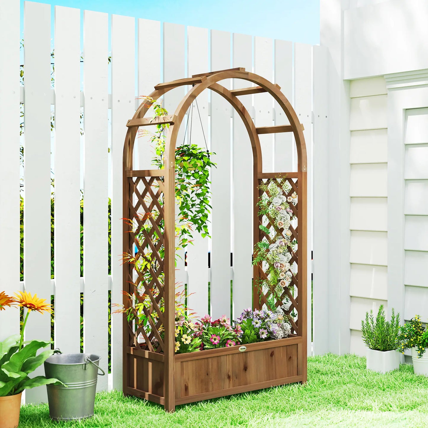 Lit de Jardin Surélevé avec Arche Treillis, Bac à Plantes, Effet Bois Brun Foncé, Brun Foncé