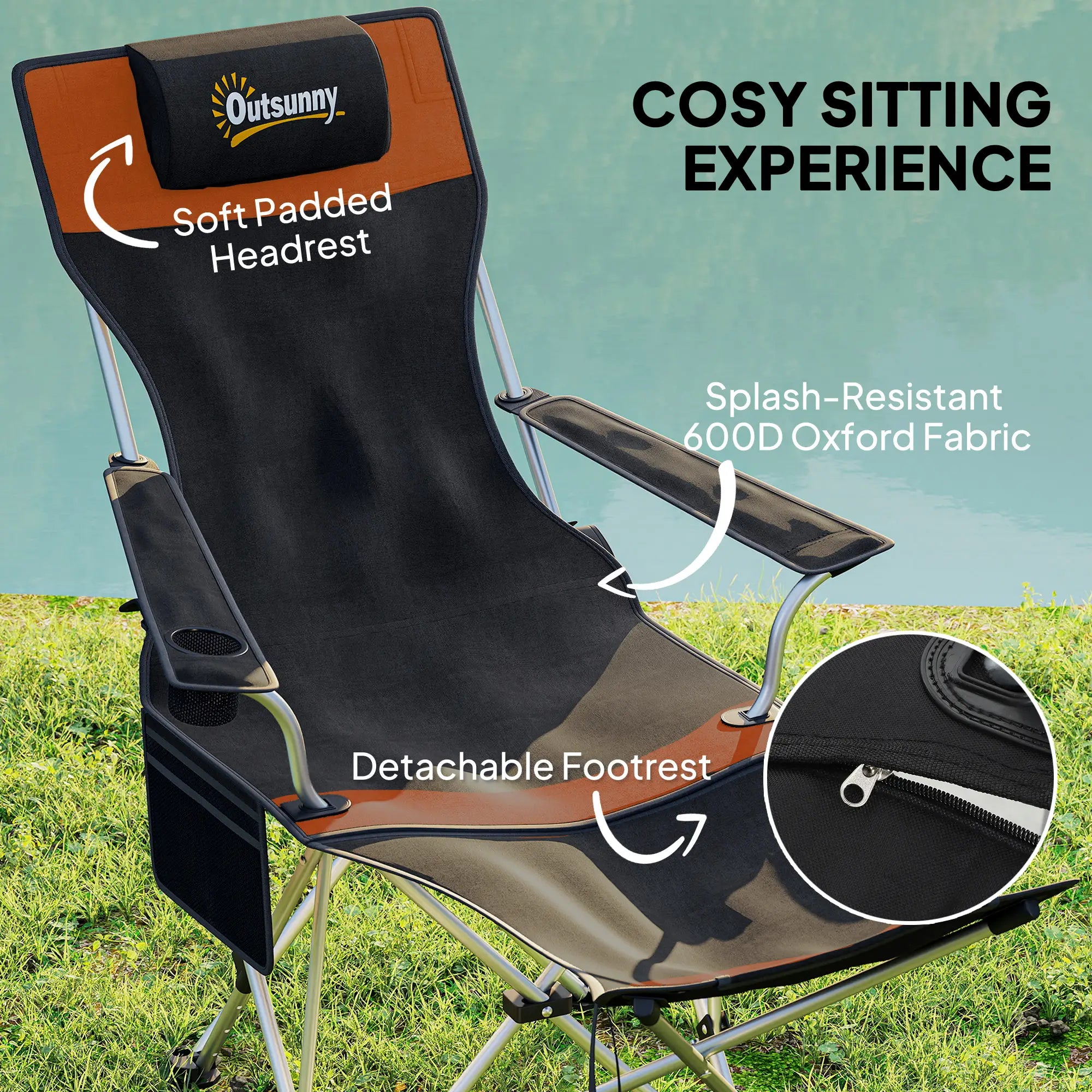 Reclining Camping Chair Set With Foot Rest, Headrest, Cup Holder, Storage Bag, Orange Picnic Tables & Camping Chairs at Gallery Canada