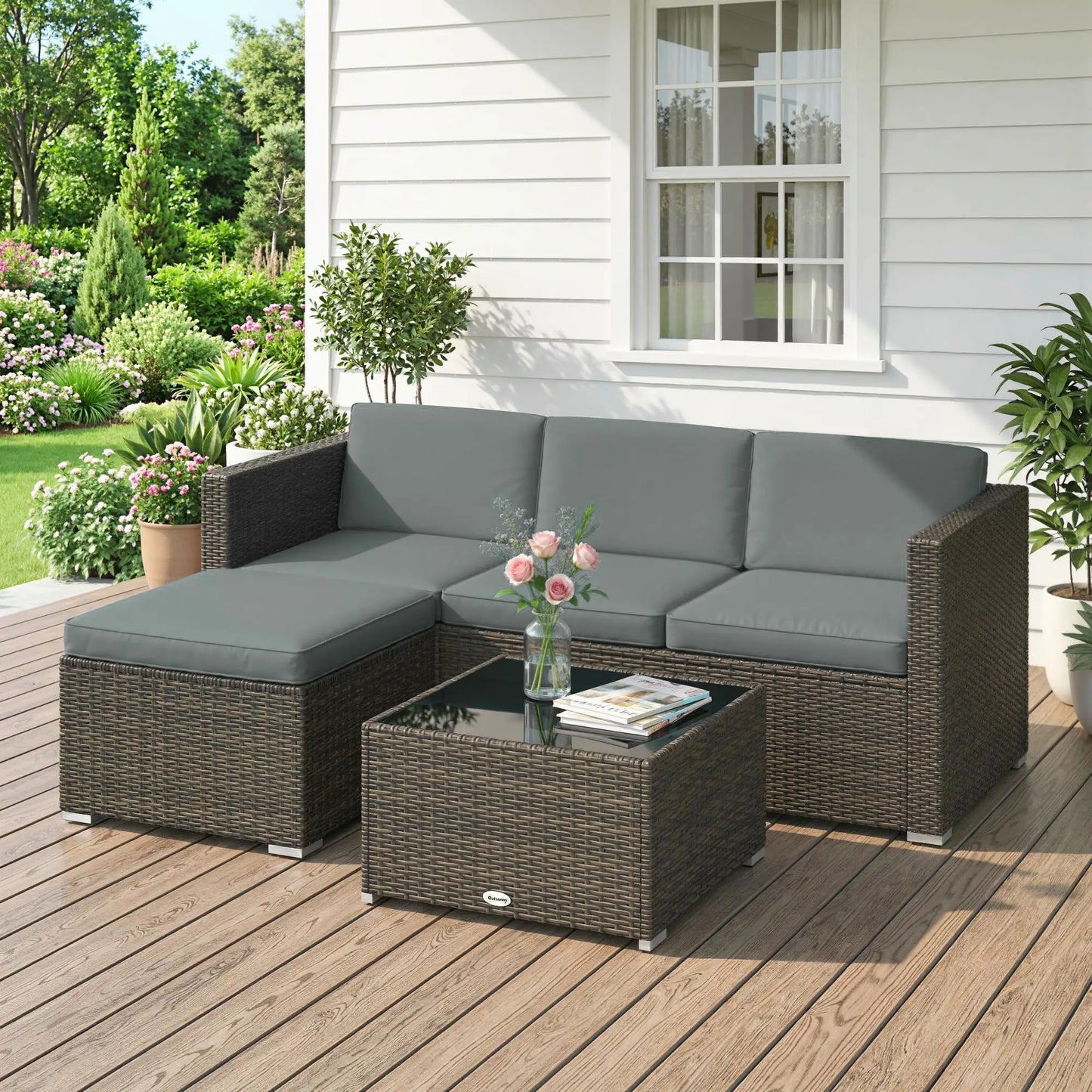 3 Piece Patio Furniture Set With Cushions, Outdoor PE Rattan Wicker, Dark Grey Patio Furniture Sets at Gallery Canada