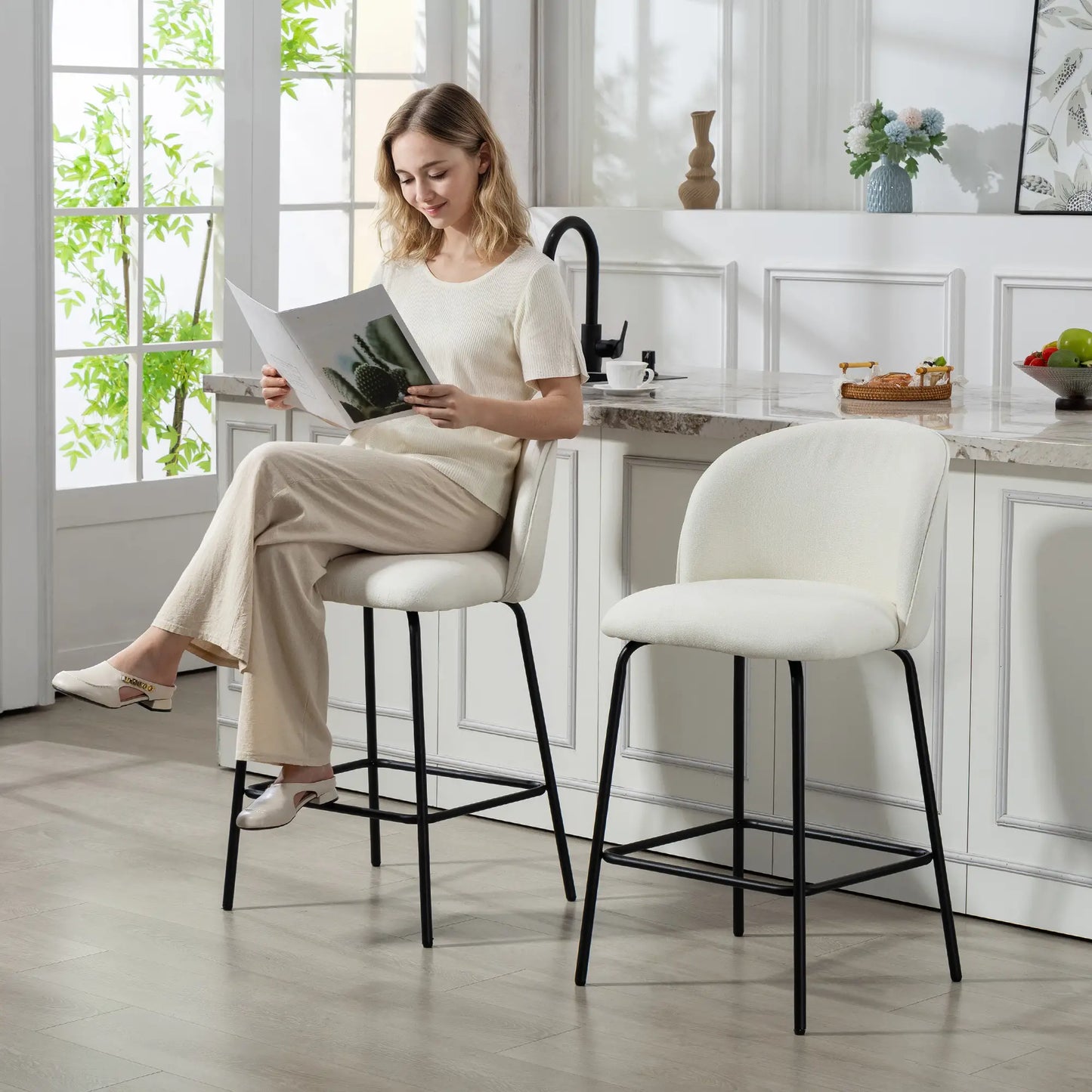 Set of 2 Counter Height Barstools, Upholstered Linen, Cream White Bar Stools at Gallery Canada