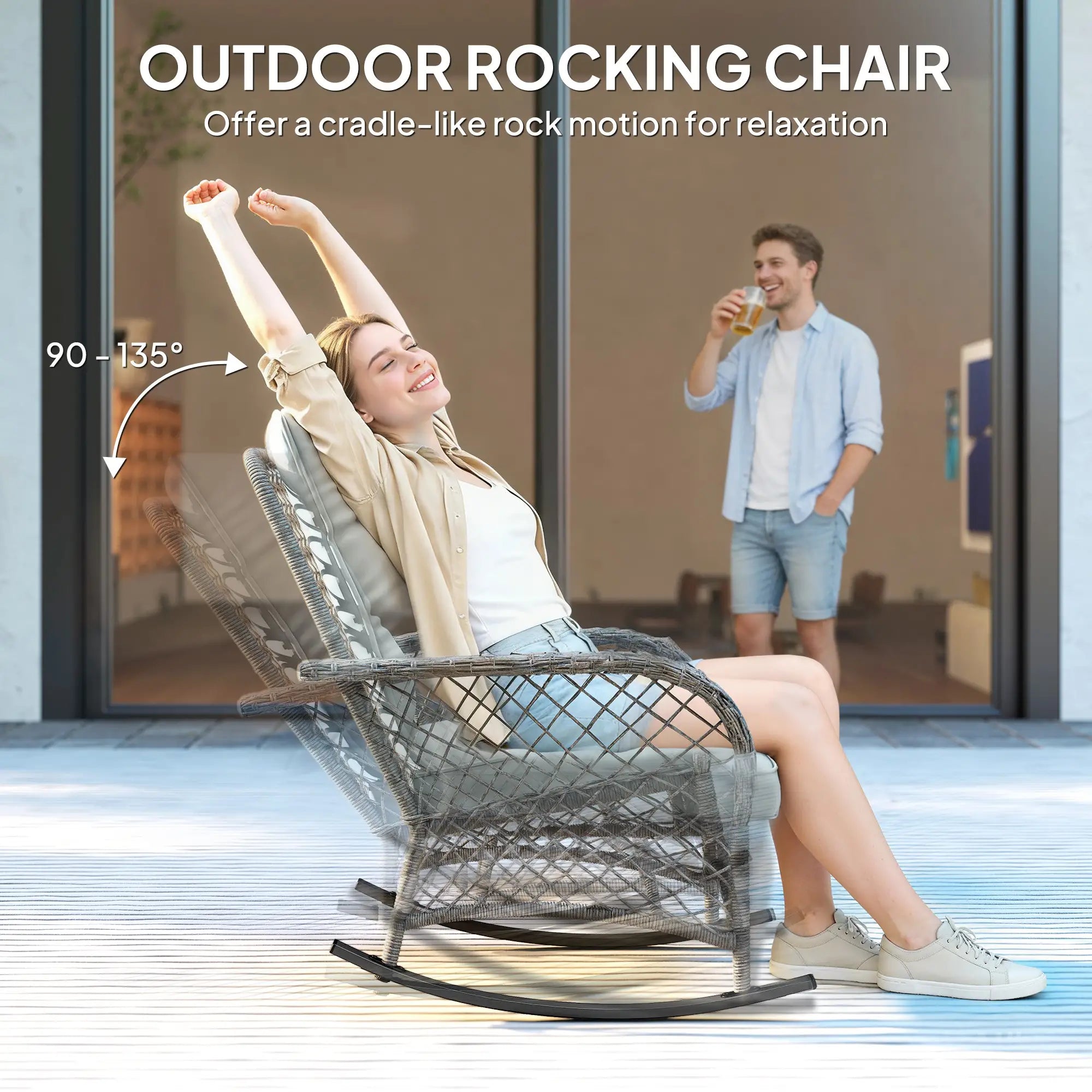 3 Piece Wicker Patio Furniture, Rocking Bistro Set, High Back Rocking Chairs, 2-Tier Glass Table, Light Grey Bistro Sets at Gallery Canada
