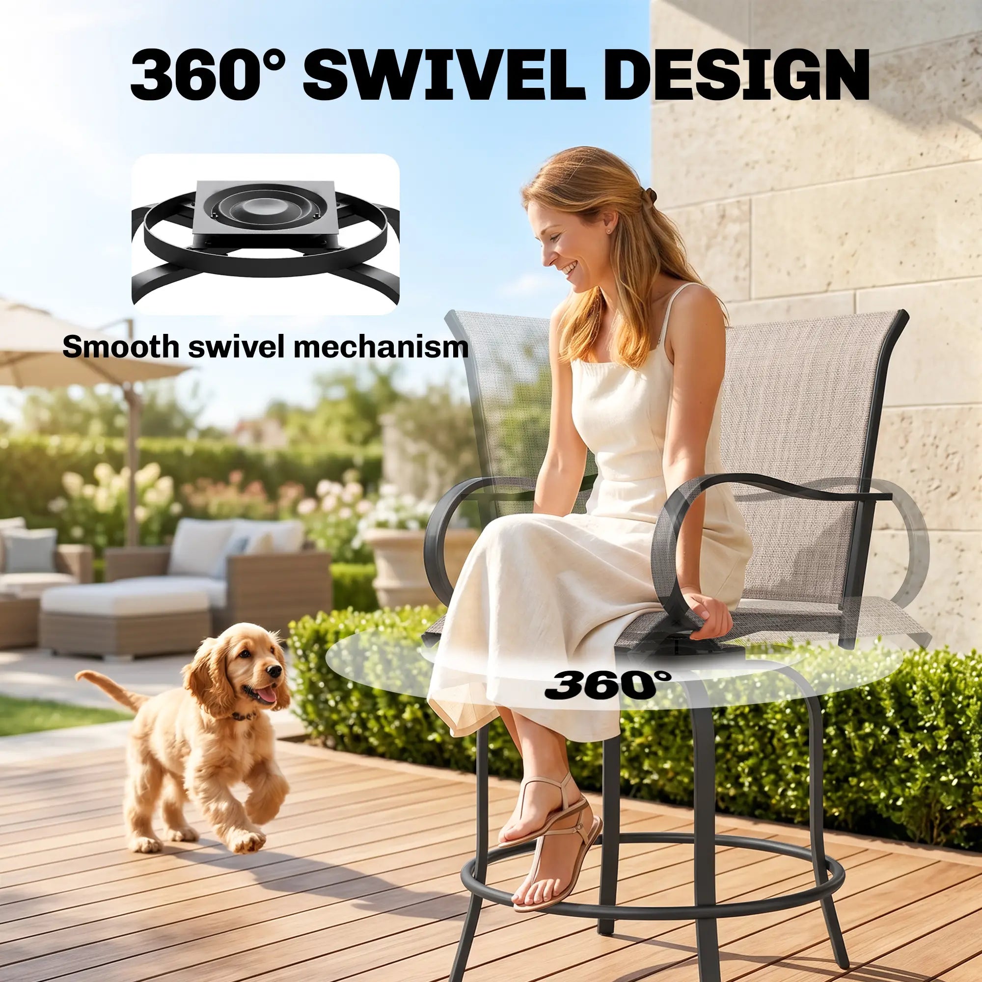 Outdoor Bar Stools Set of 2, 360° Swivel Bar Height Chairs, 26.8