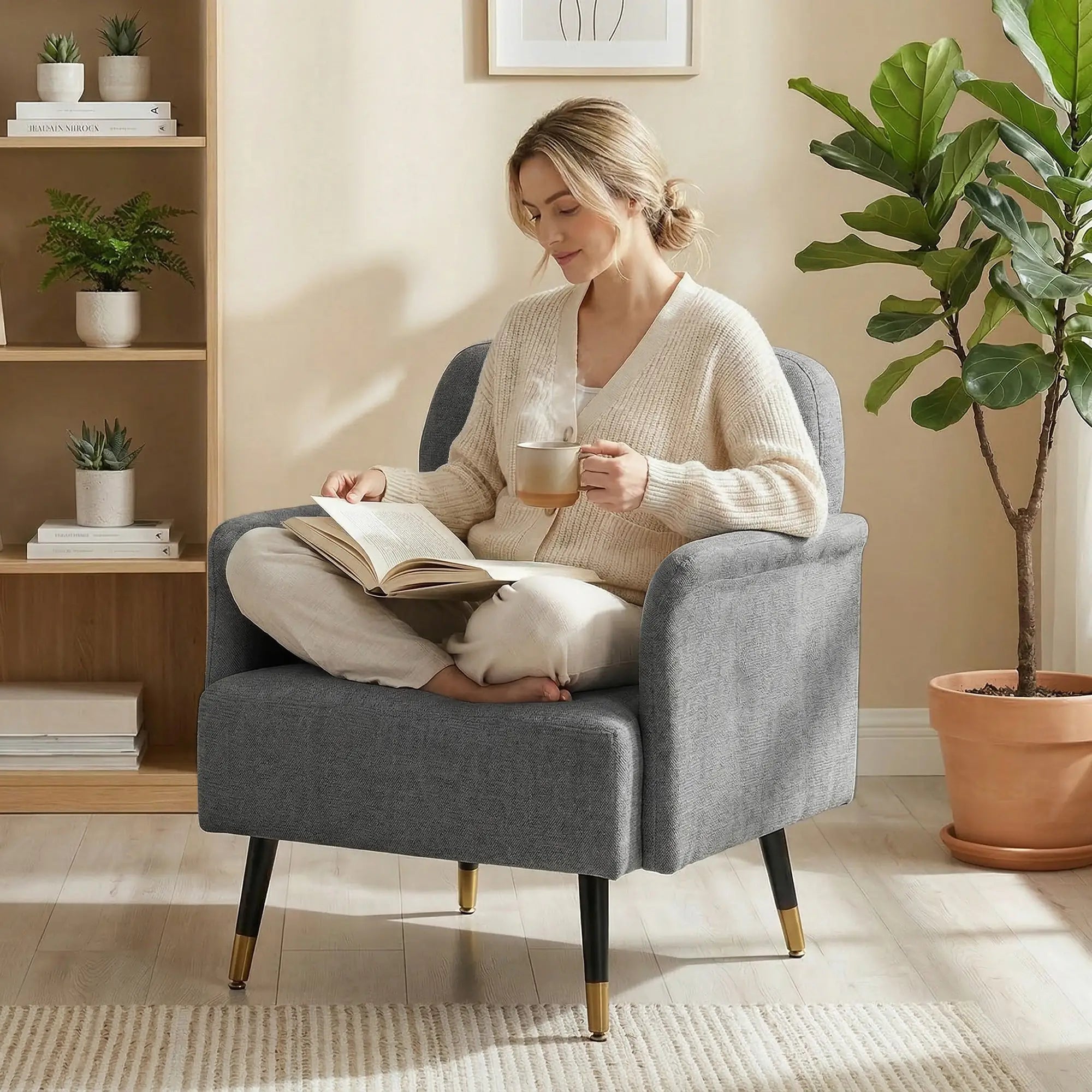 Modern Tufted Accent Chair, Metal Legs, Upholstered Reading Armchair, Grey Accent Chairs at Gallery Canada