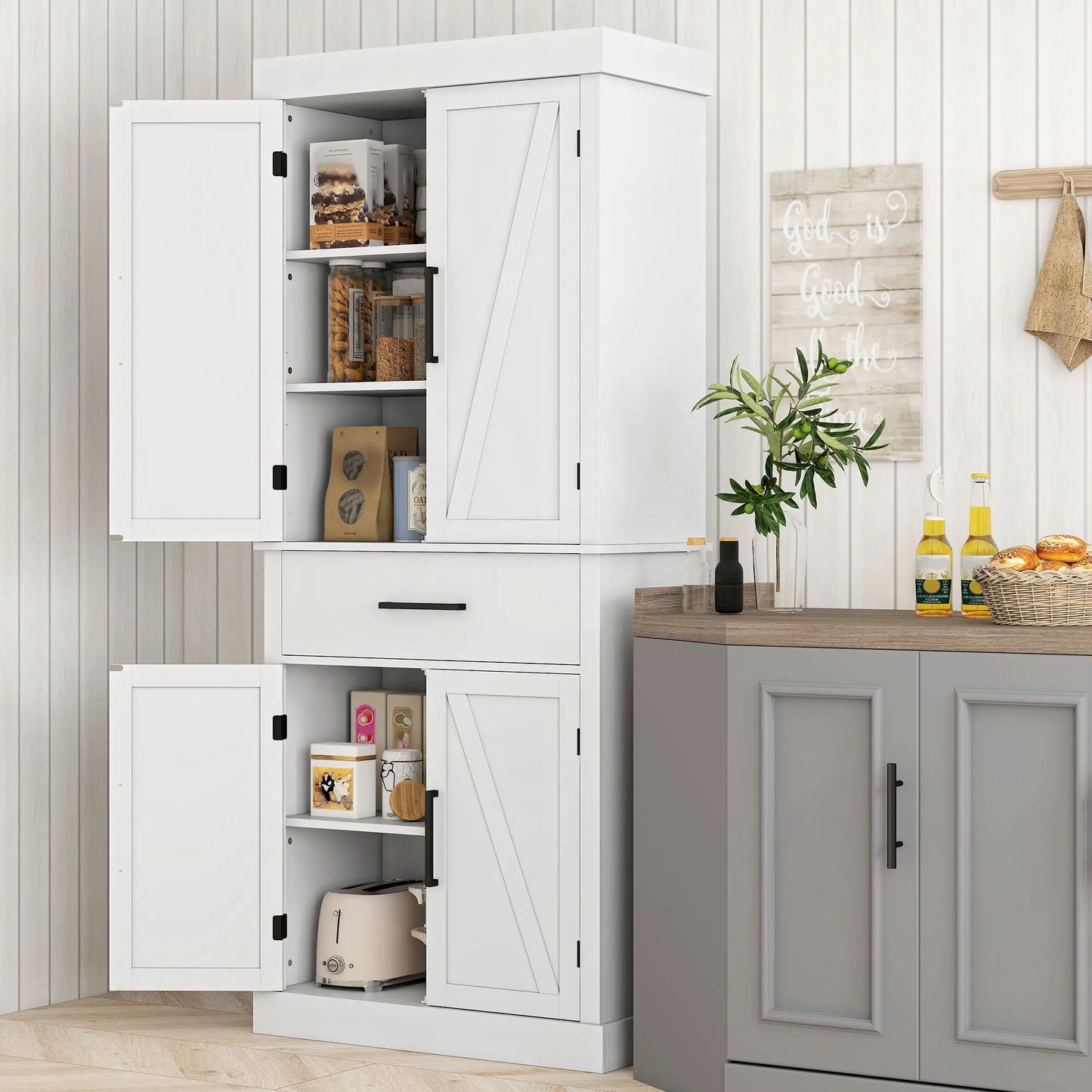 72" Kitchen Storage Cabinet, Farmhouse Pantry, 4 Barn Doors, Drawer, Adjustable Shelves, White Kitchen Pantry Cabinets at Gallery Canada
