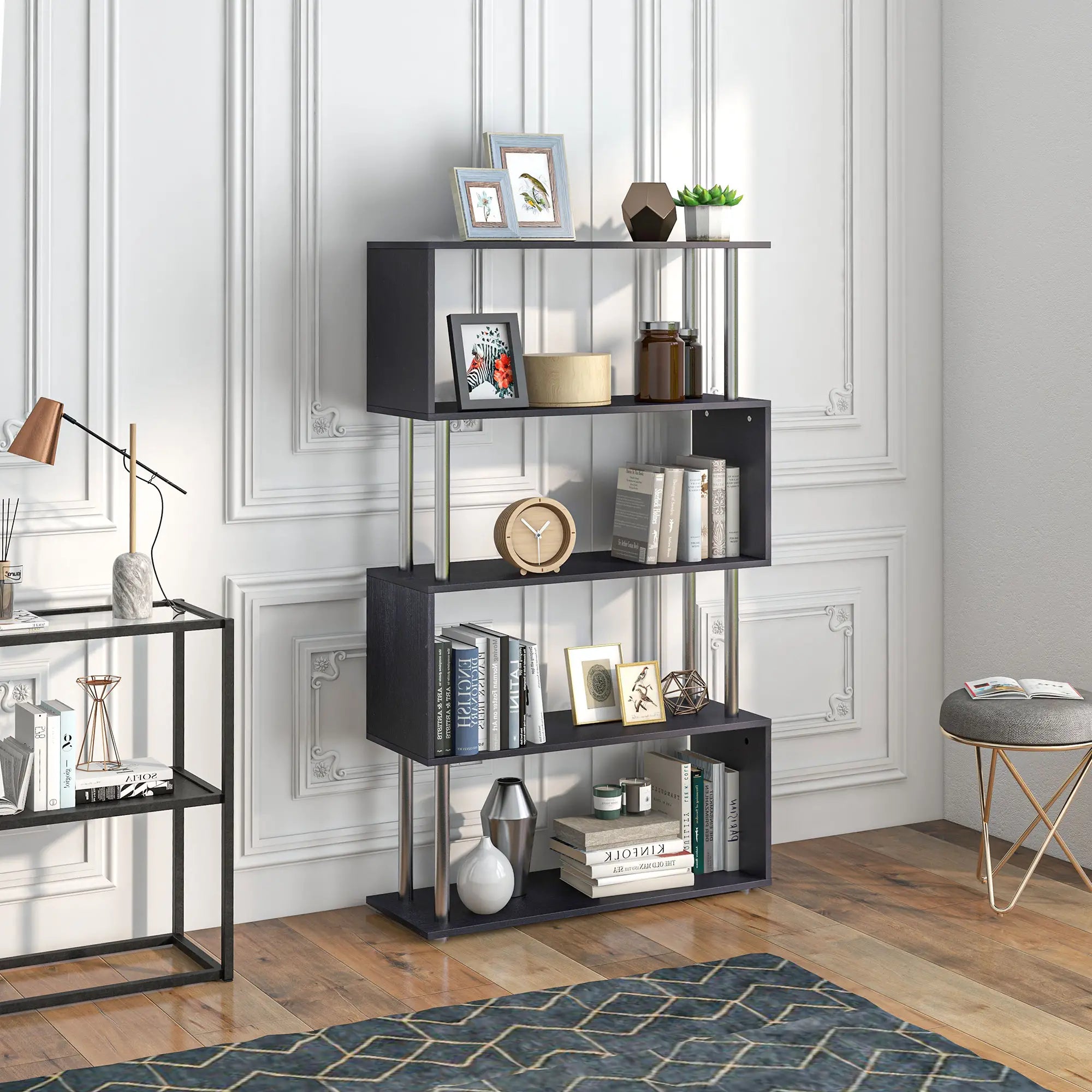 5-Tier Geometric Wooden Bookcase, S-Shaped Storage, Black Display Bookshelves at Gallery Canada
