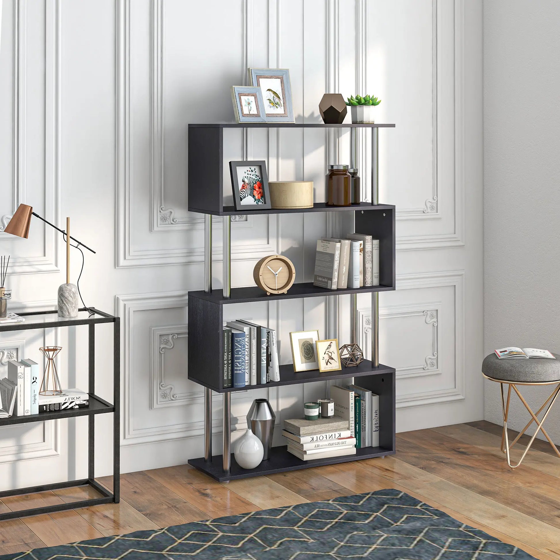 5-Tier Geometric Wooden Bookcase, S-Shaped Storage, Black Display Bookshelves at Gallery Canada