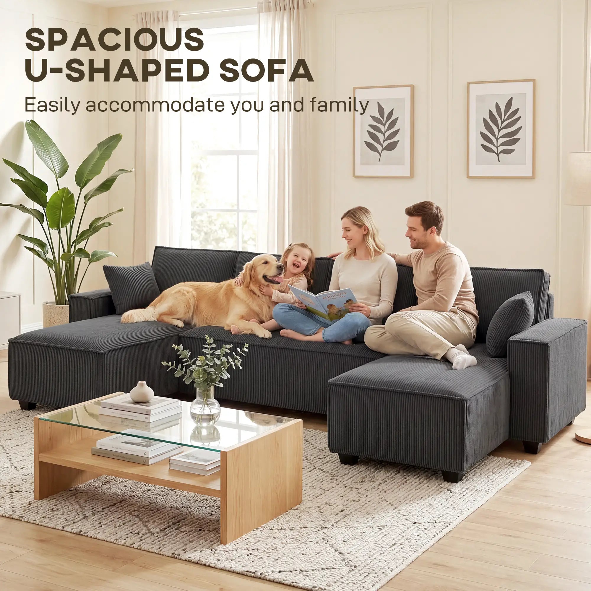 Modular U Shaped Sectional Sofa, Double Chaises, Spring Cushions, Dark Grey L Shaped Couchs at Gallery Canada