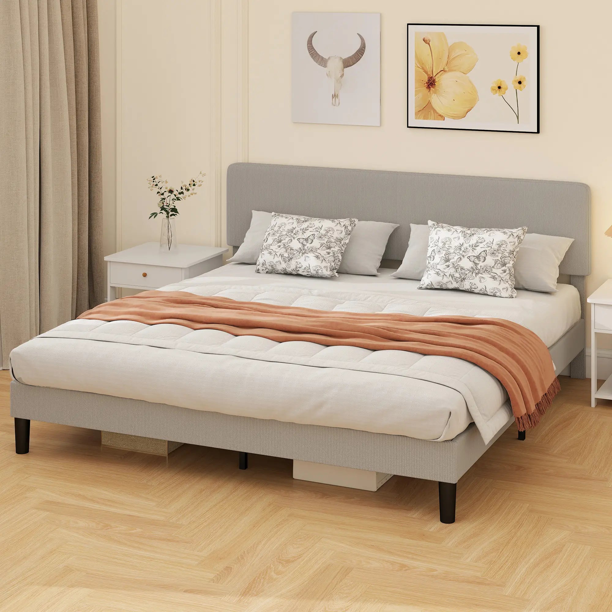 King Size Bed Frame, Adjustable Upholstered Headboard, Wood Slat Support, Light Grey Bed Frames at Gallery Canada