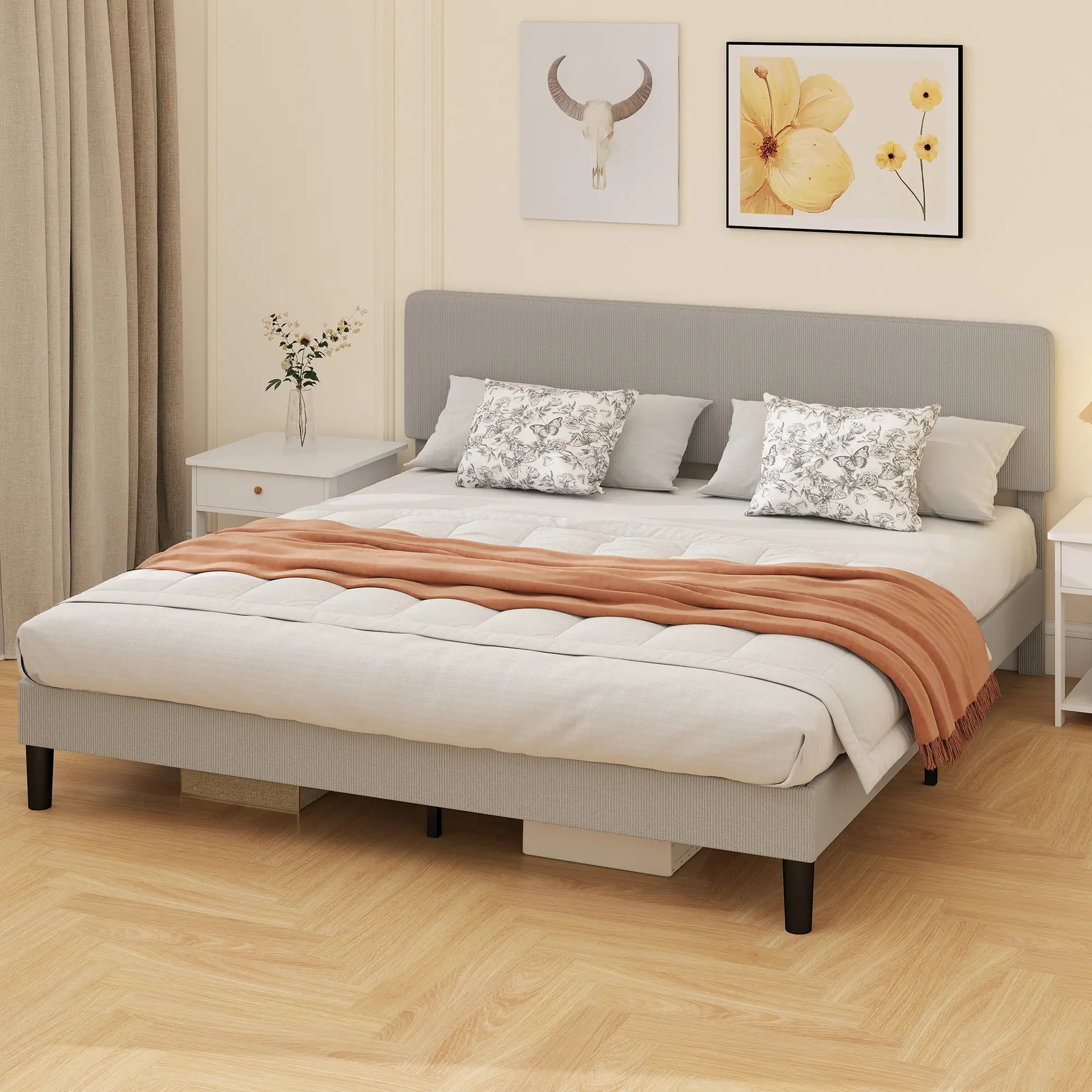 King Size Bed Frame, Adjustable Upholstered Headboard, Wood Slat Support, Light Grey Bed Frames at Gallery Canada