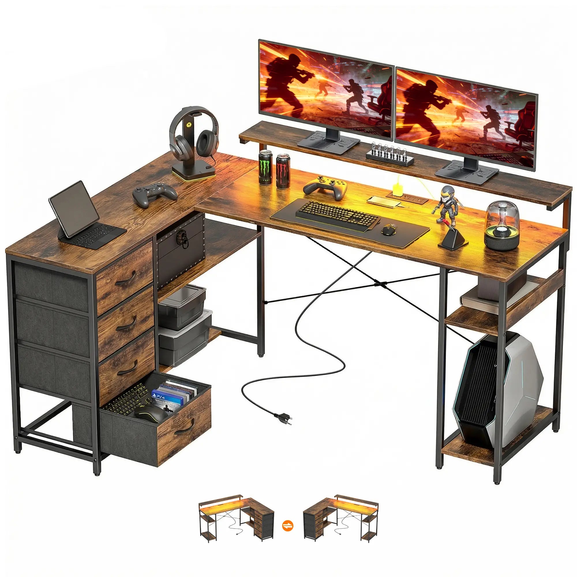 Gaming Desk With Power Outlets, LED Lights, Drawers, Monitor Stand, 61