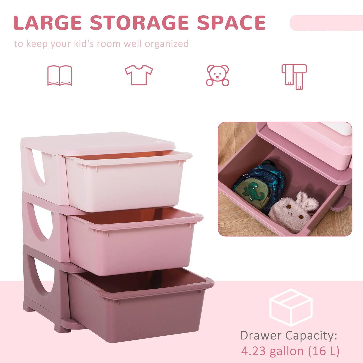 3 Tier Kids Toy Organizer, 3 Plastic Drawers, Pink Baby & Kids Storage at Gallery Canada