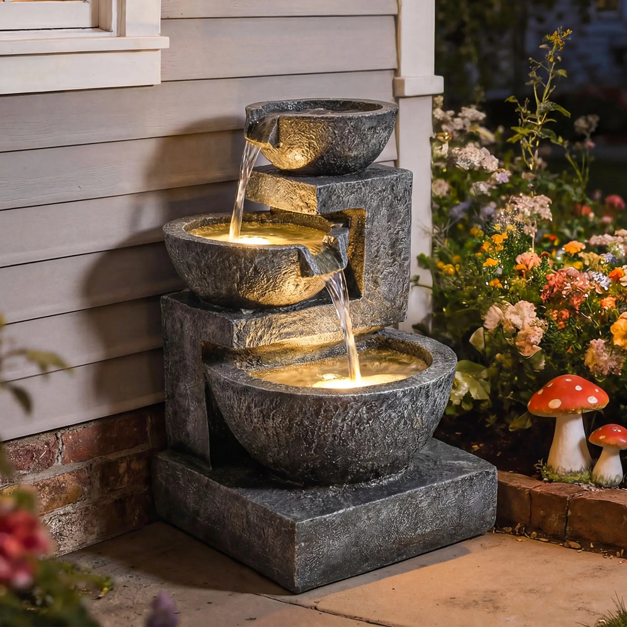 3-Tier Outdoor Water Fountain, Garden Waterfall With LED Lights, Pump Water Fountains at Gallery Canada