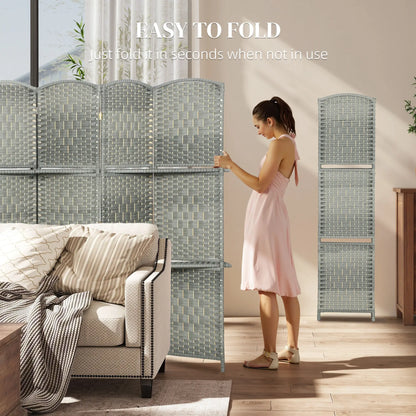 6 FT Privacy Screen, 6 Panel Room Divider With Shelves, Grey