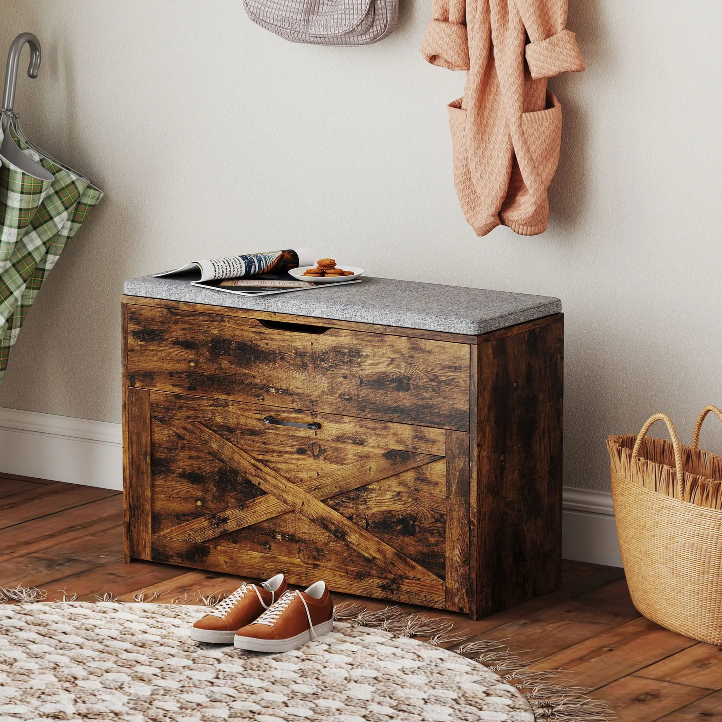Shoe Storage Bench with Flip Drawer, Lift Top, Seat Cushion, Rustic Brown Shoe Storage Cabinets & Racks at Gallery Canada