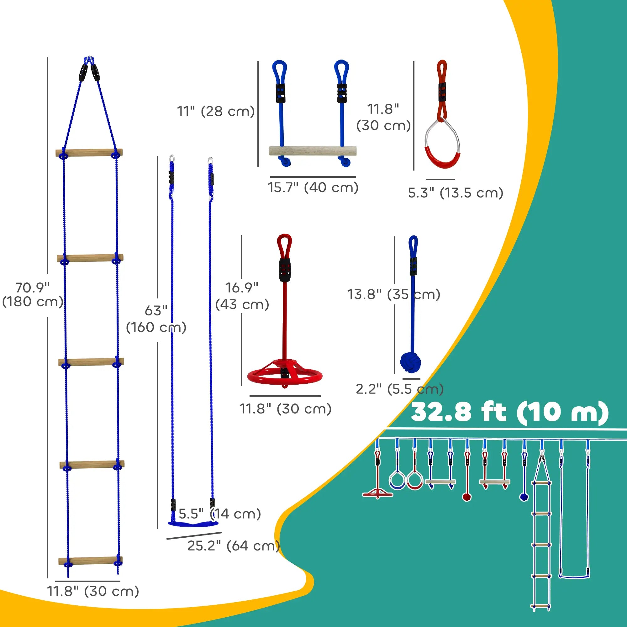 32.8' Kids Ninja Warrior Course, Swing, Monkey Bars, Ladder, Gym Rings, Blue Gym Sets & Swings at Gallery Canada