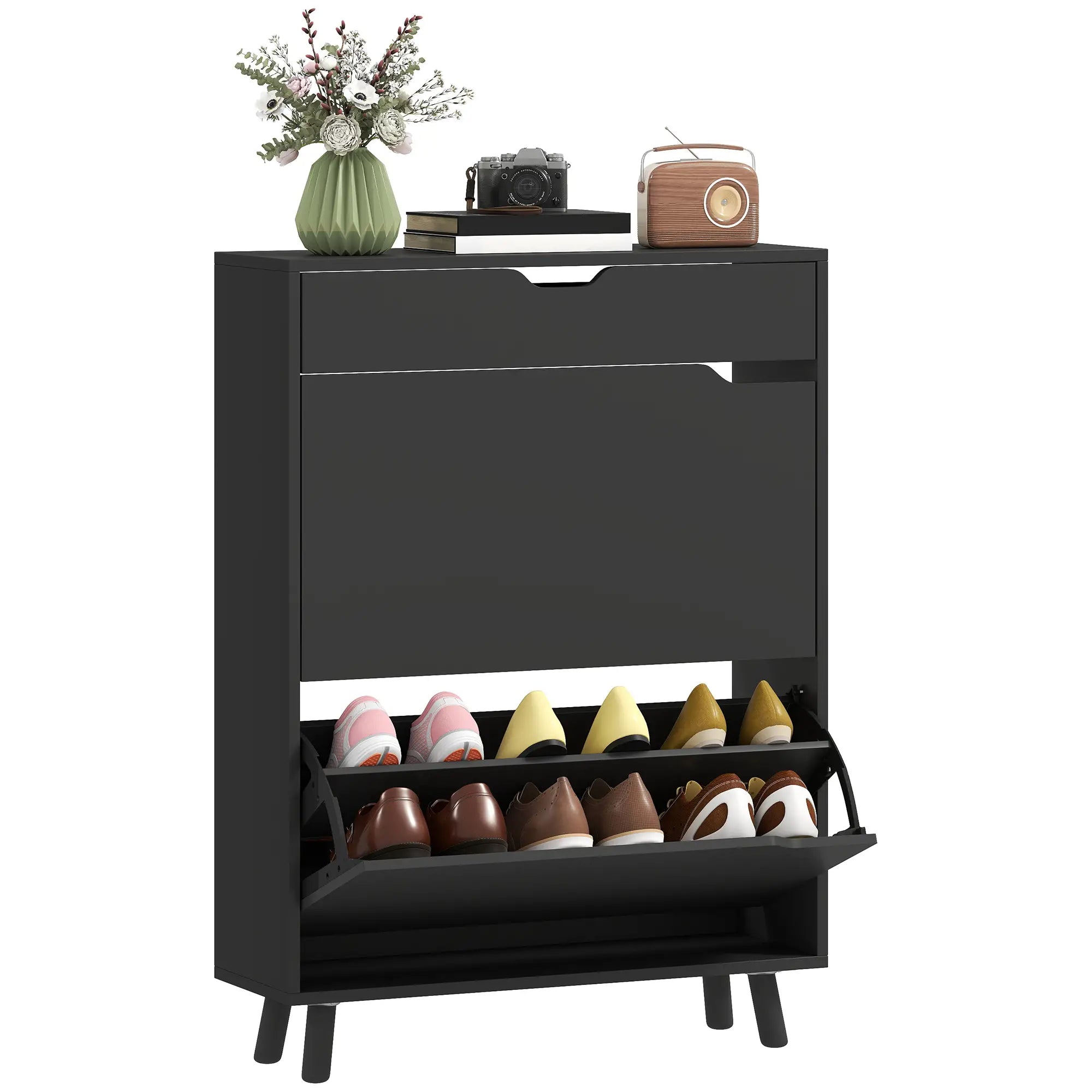 Narrow Shoe Cabinet, 2 Flip Drawers, Top Drawer, Adjustable Shelves, Black Shoe Storage Cabinets & Racks at Gallery Canada